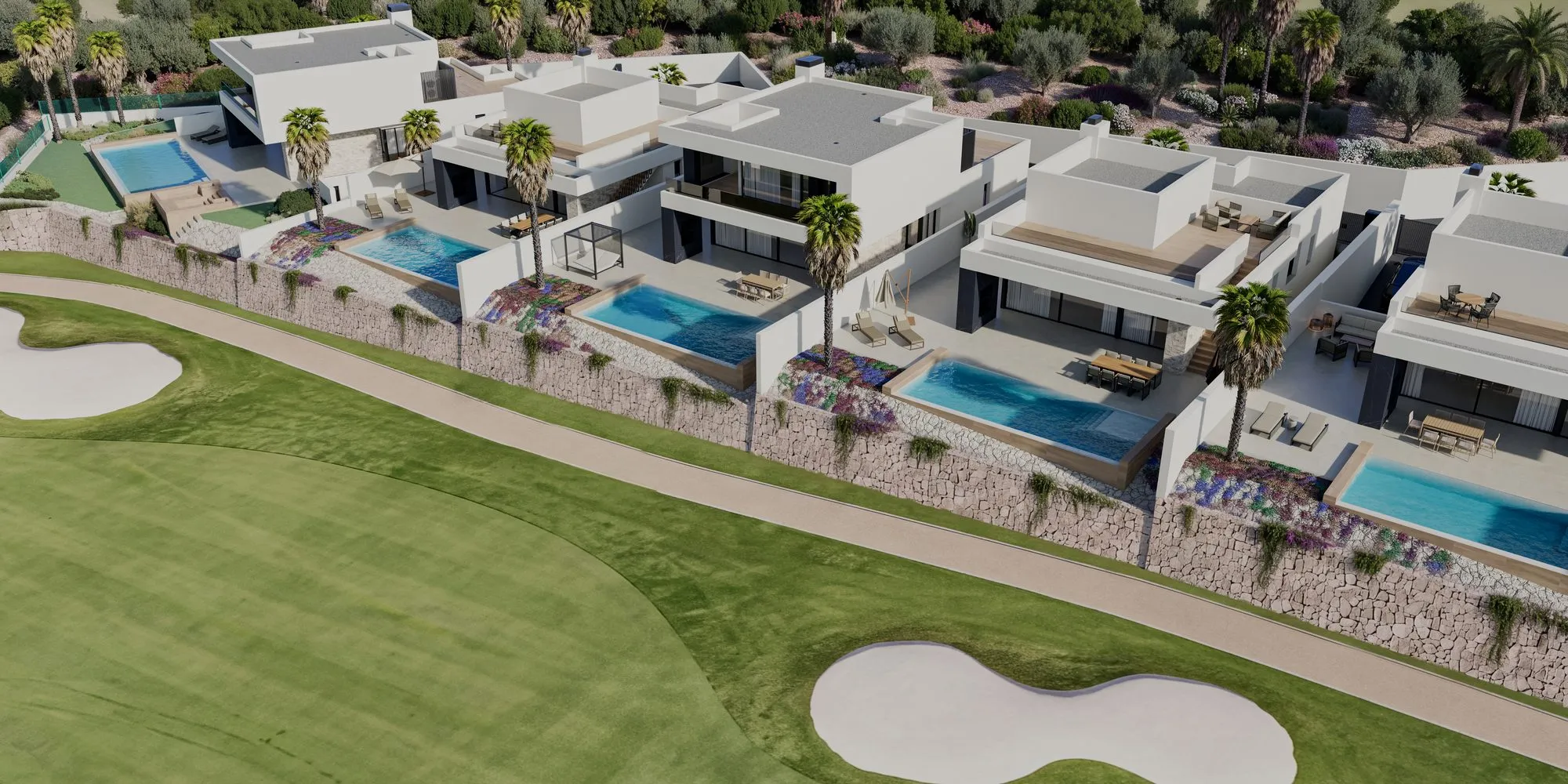Aerial render of the five Mustique and Aruba villas seen from the golf course, each with its infinity pool above the green