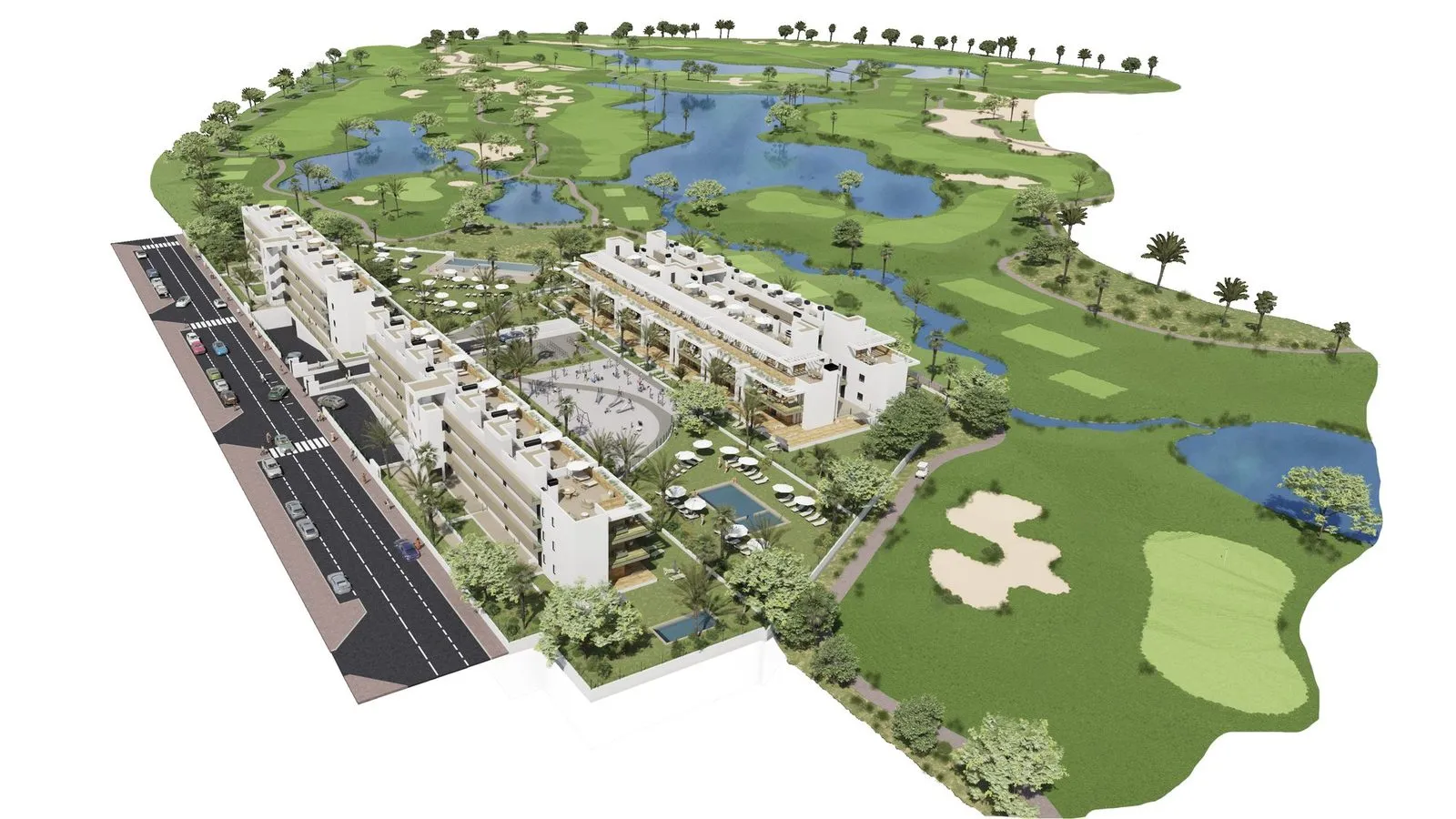 Aerial render of Velapi Golf: the apartment blocks between the street and the golf course, with lakes, bunkers and communal areas with a pool