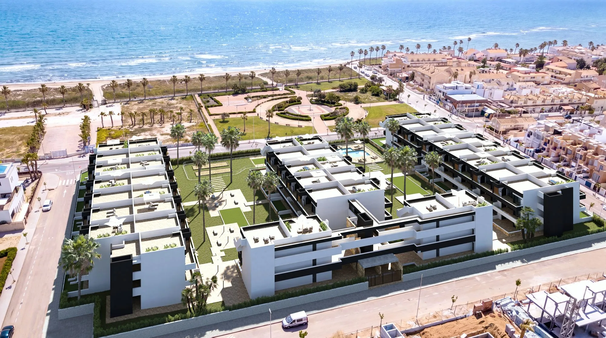 Aerial render of the three blocks of Las Higuericas, with the rooftop solariums and the sea beyond