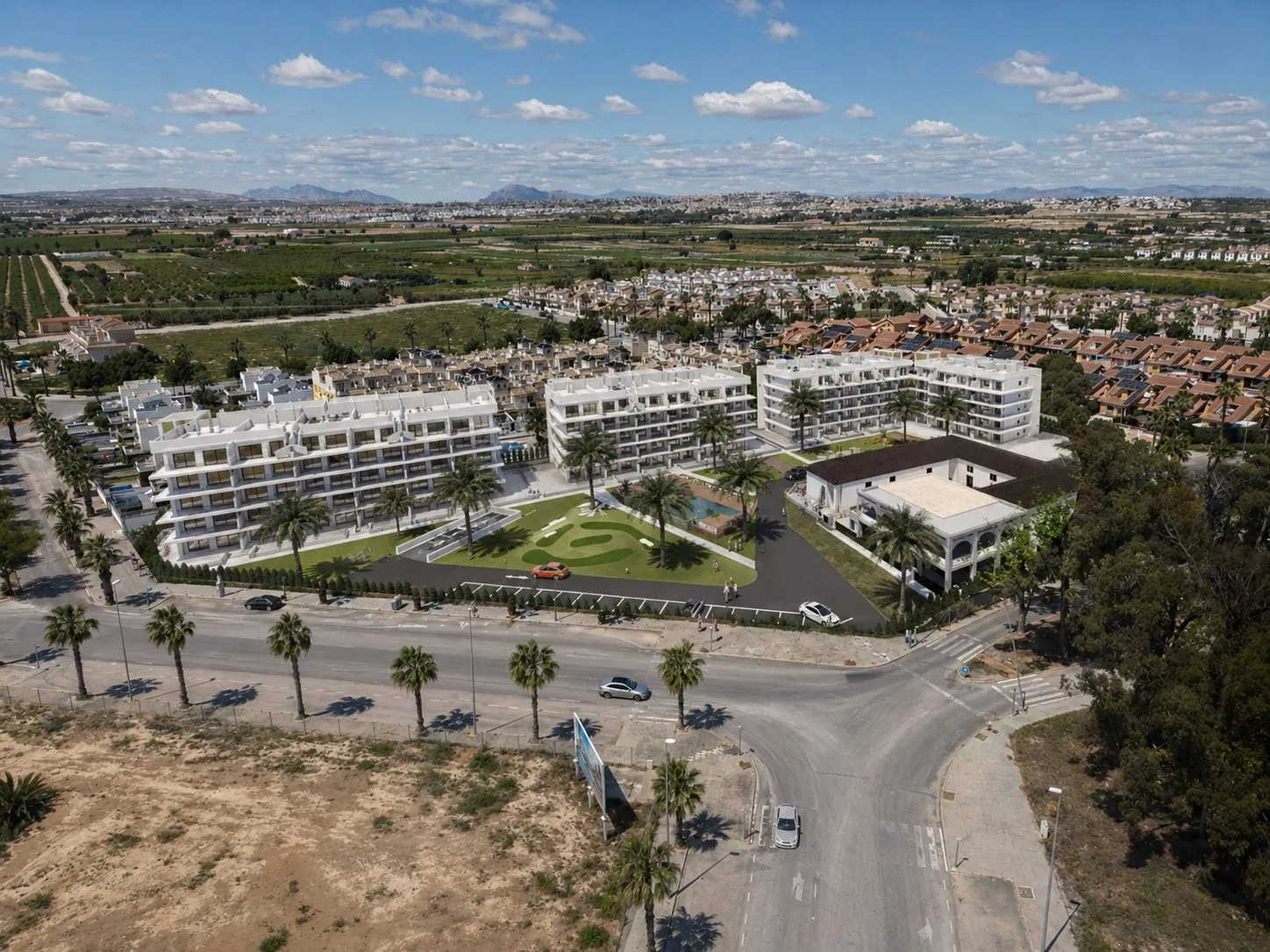 Aerial render of Oasis Garden in El Raso, the apartment blocks, the gardens with mini-golf and the pool, with farmland and hills beyond
