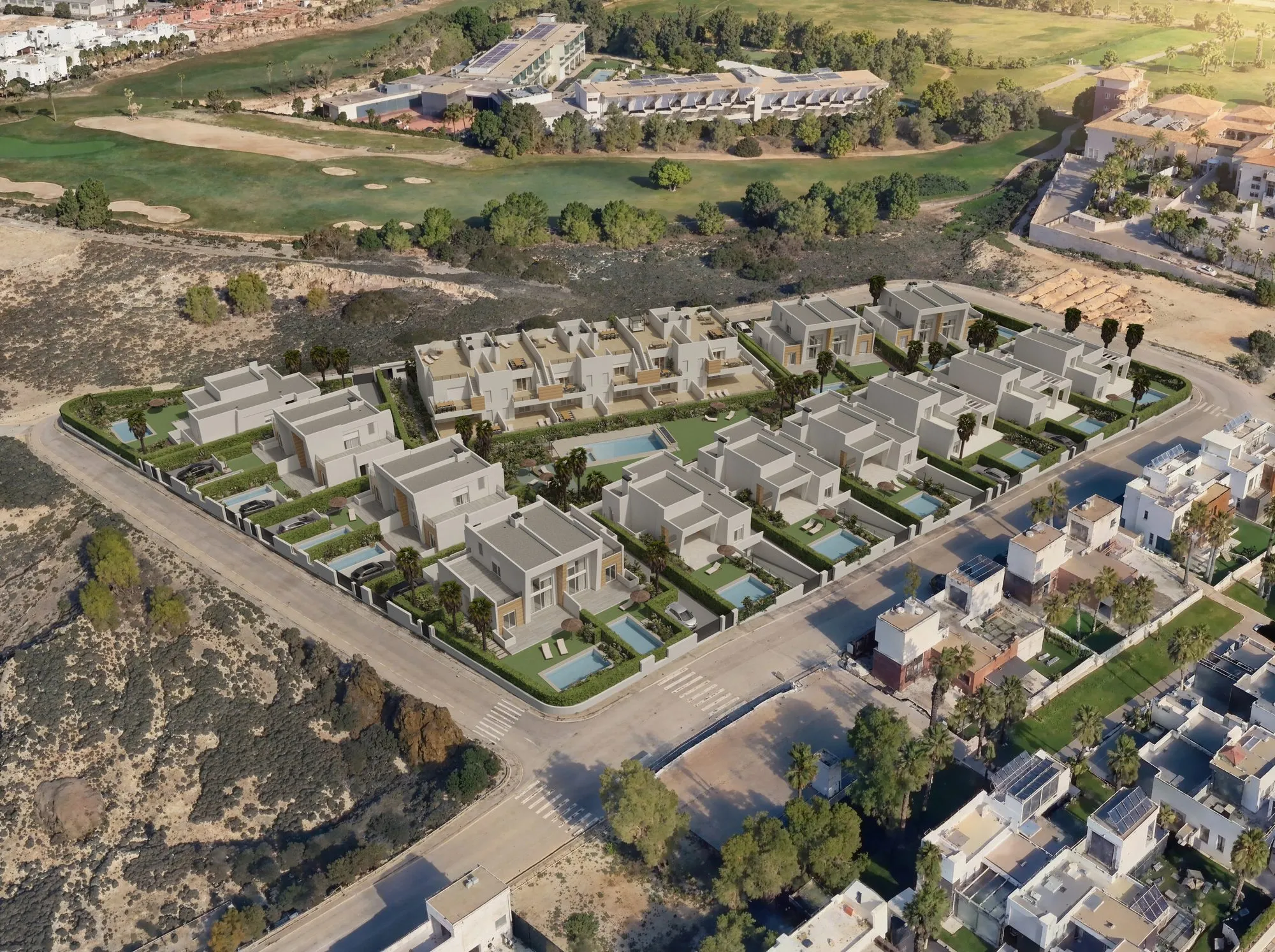 Aerial render of Mar Egeo II: villas and semi-detached houses with pools, the ZANTE building with its communal pool, and the La Finca golf course and hotel behind