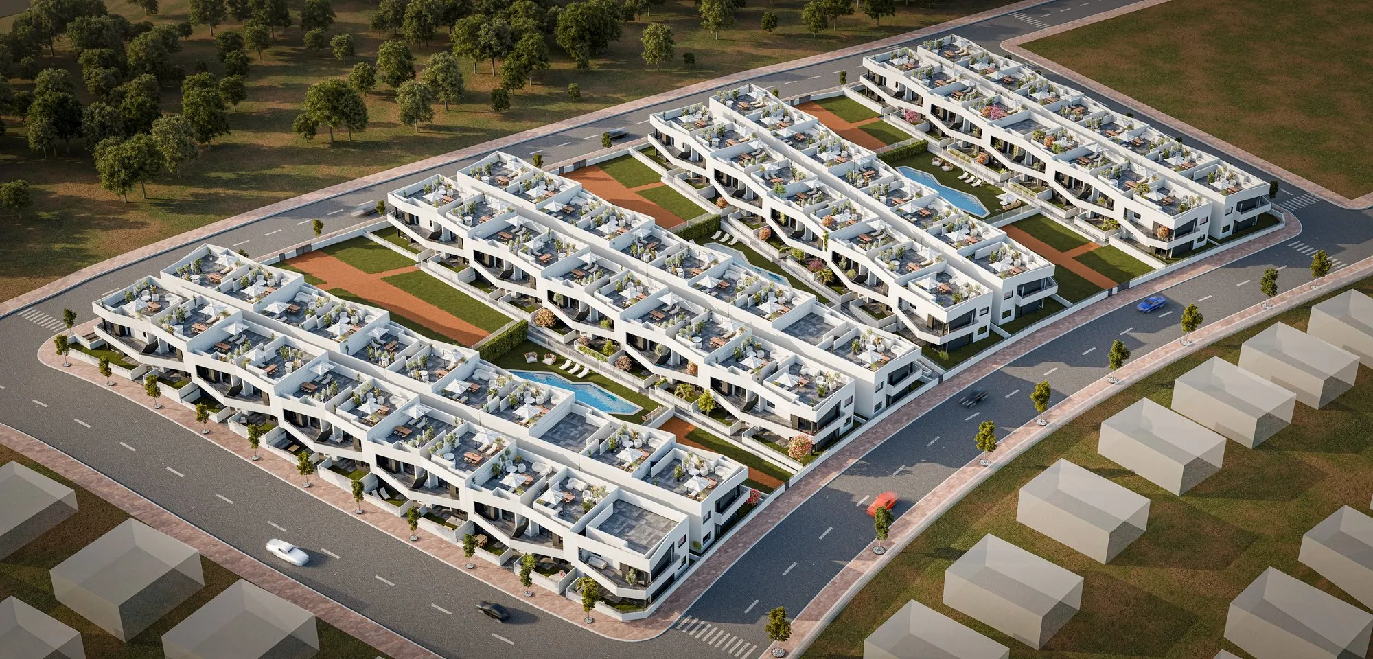 Aerial render of Horizon II, four rows of white bungalows with rooftop solariums, gardens and two communal pools