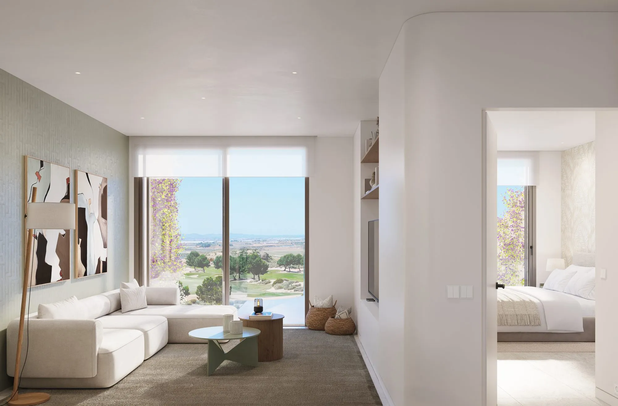 Render of an apartment living room with a white sofa, abstract artwork and a large window onto the golf course; on the right, an open door to a bedroom