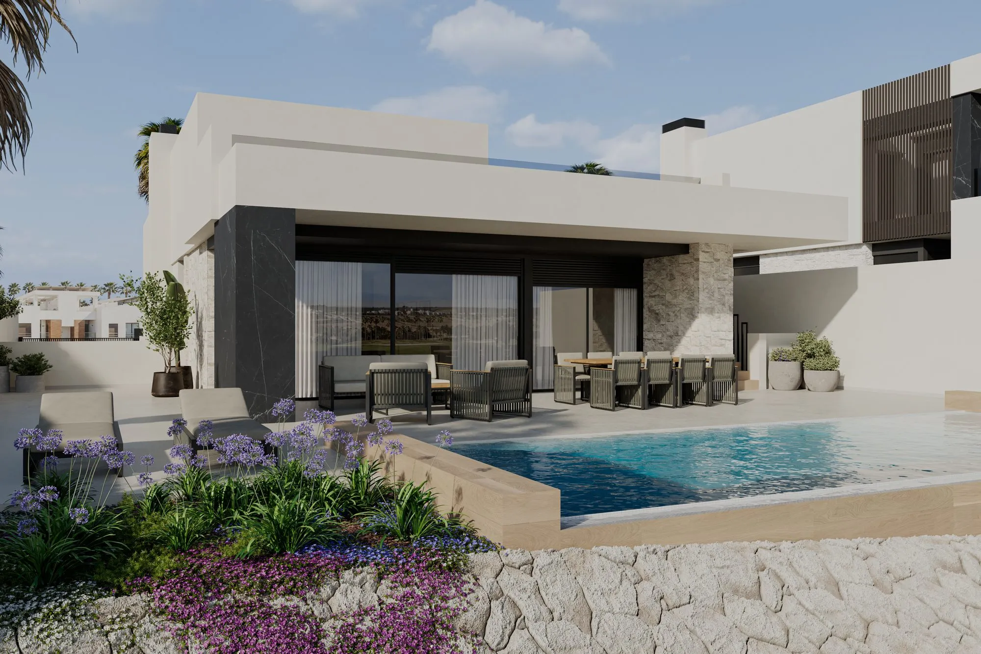 Render of the Aruba villa: a white single-storey house with a porch, outdoor dining and an L-shaped infinity pool