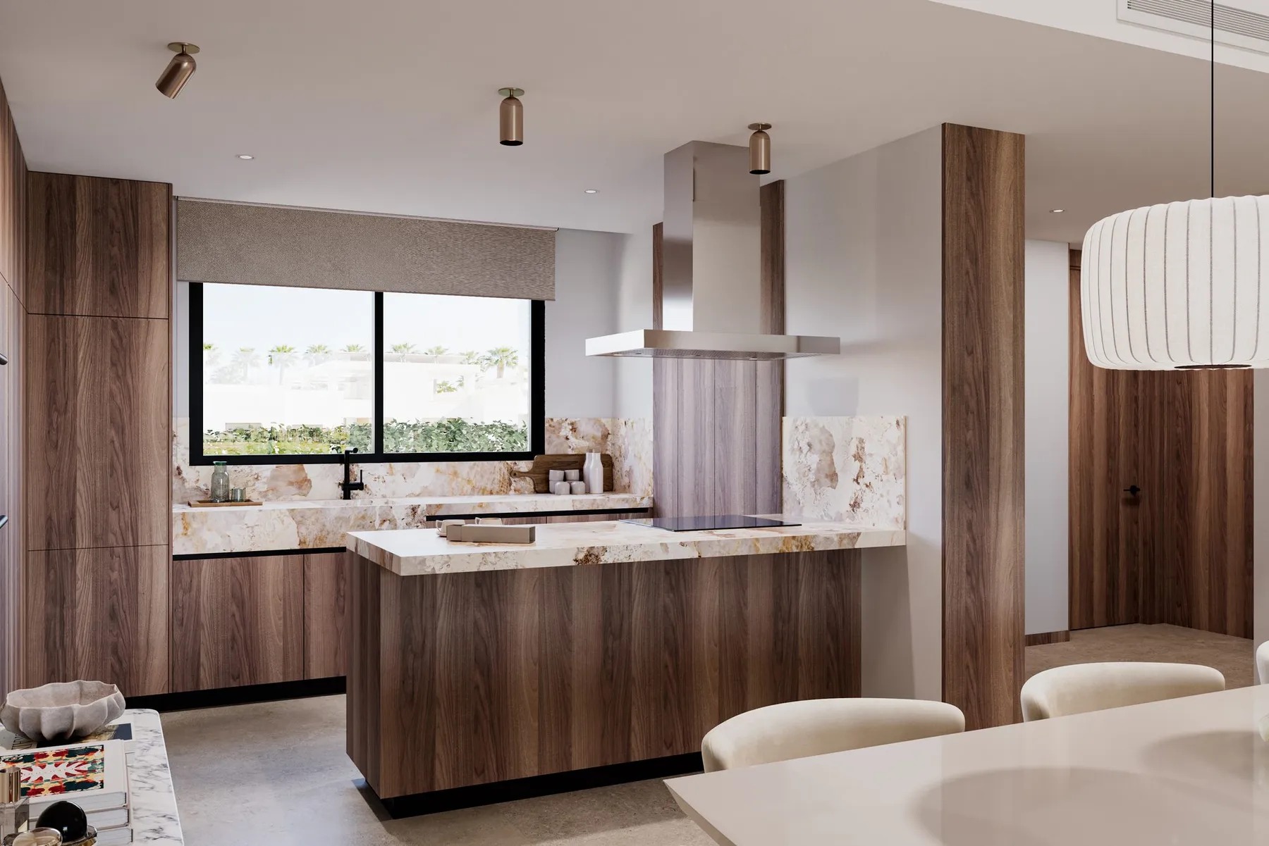 Render of the Aruba kitchen, with a wooden island, a steel hood and a window over the worktop
