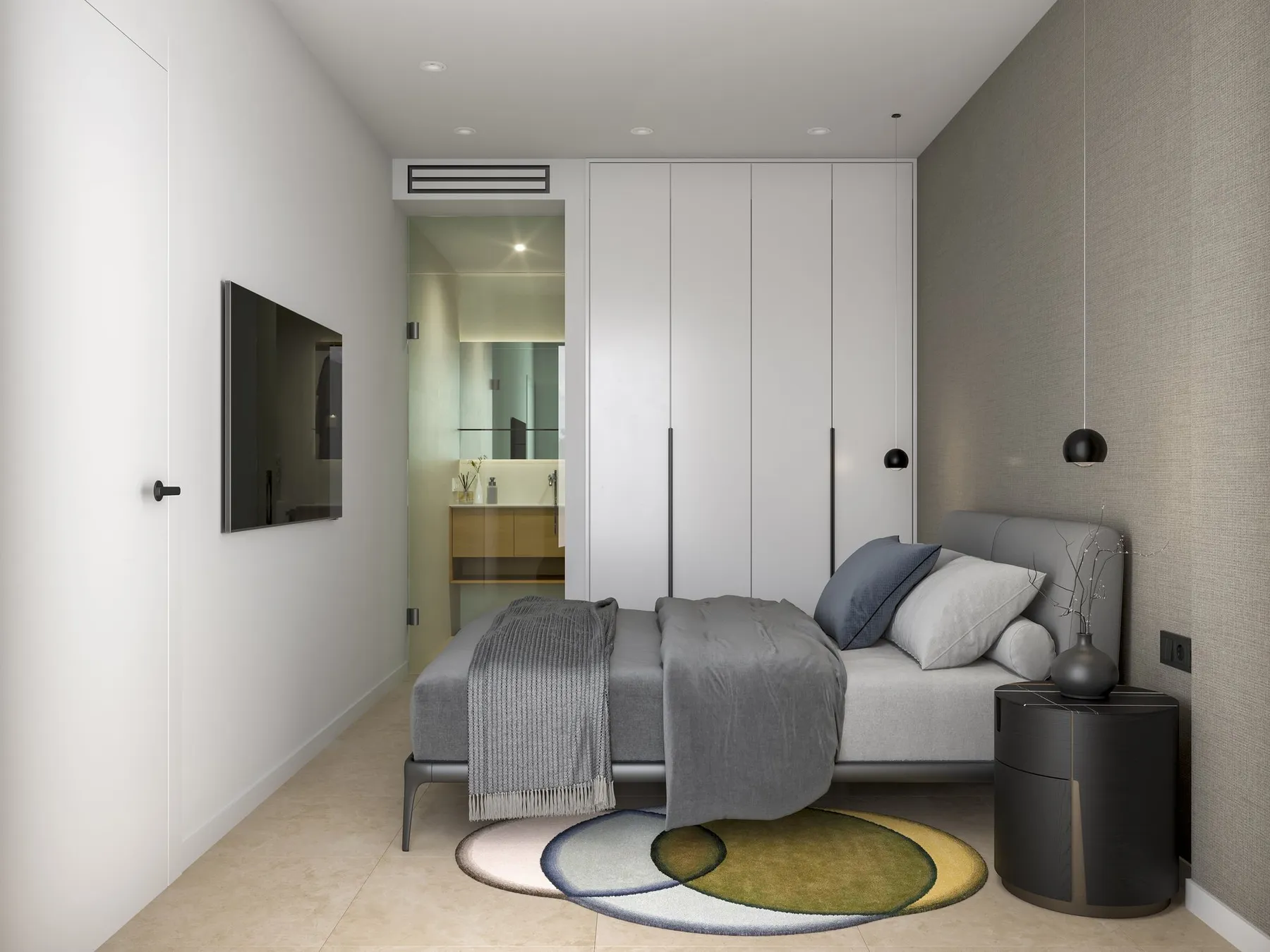 Render of a bedroom with a double bed, a white built-in wardrobe, a wall-mounted TV and the bathroom beyond