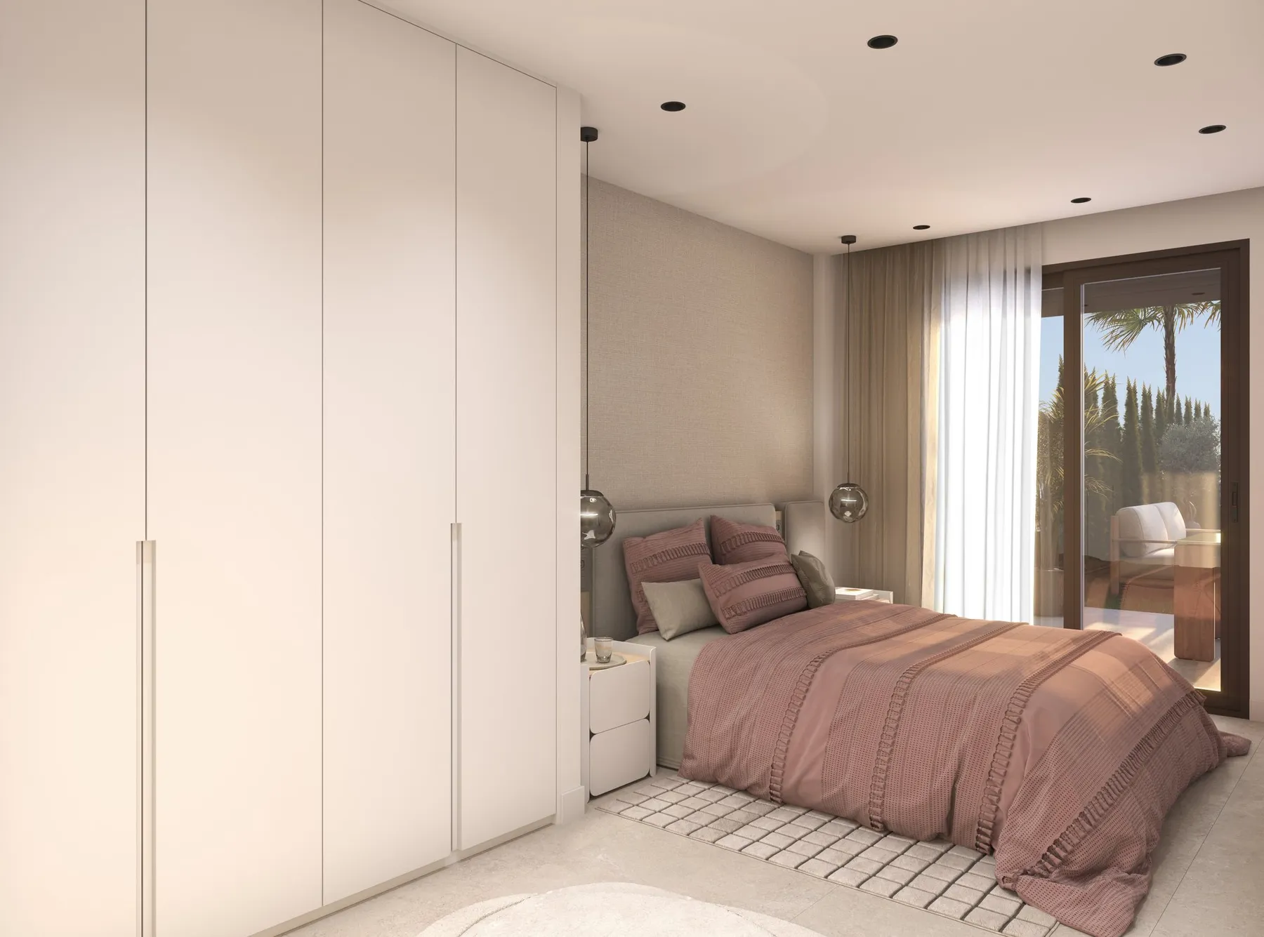 Render of the main bedroom with a double bed, a white built-in wardrobe and a door to the terrace