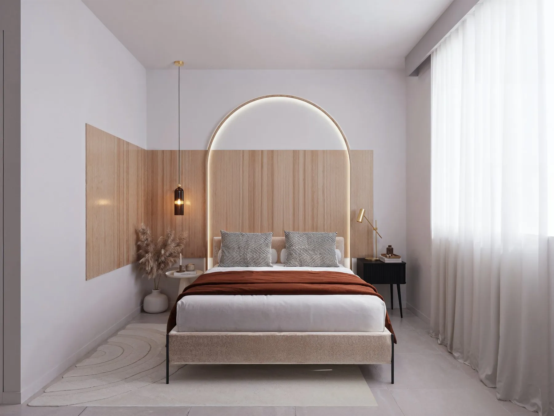 Render of the main bedroom with a double bed and a large window