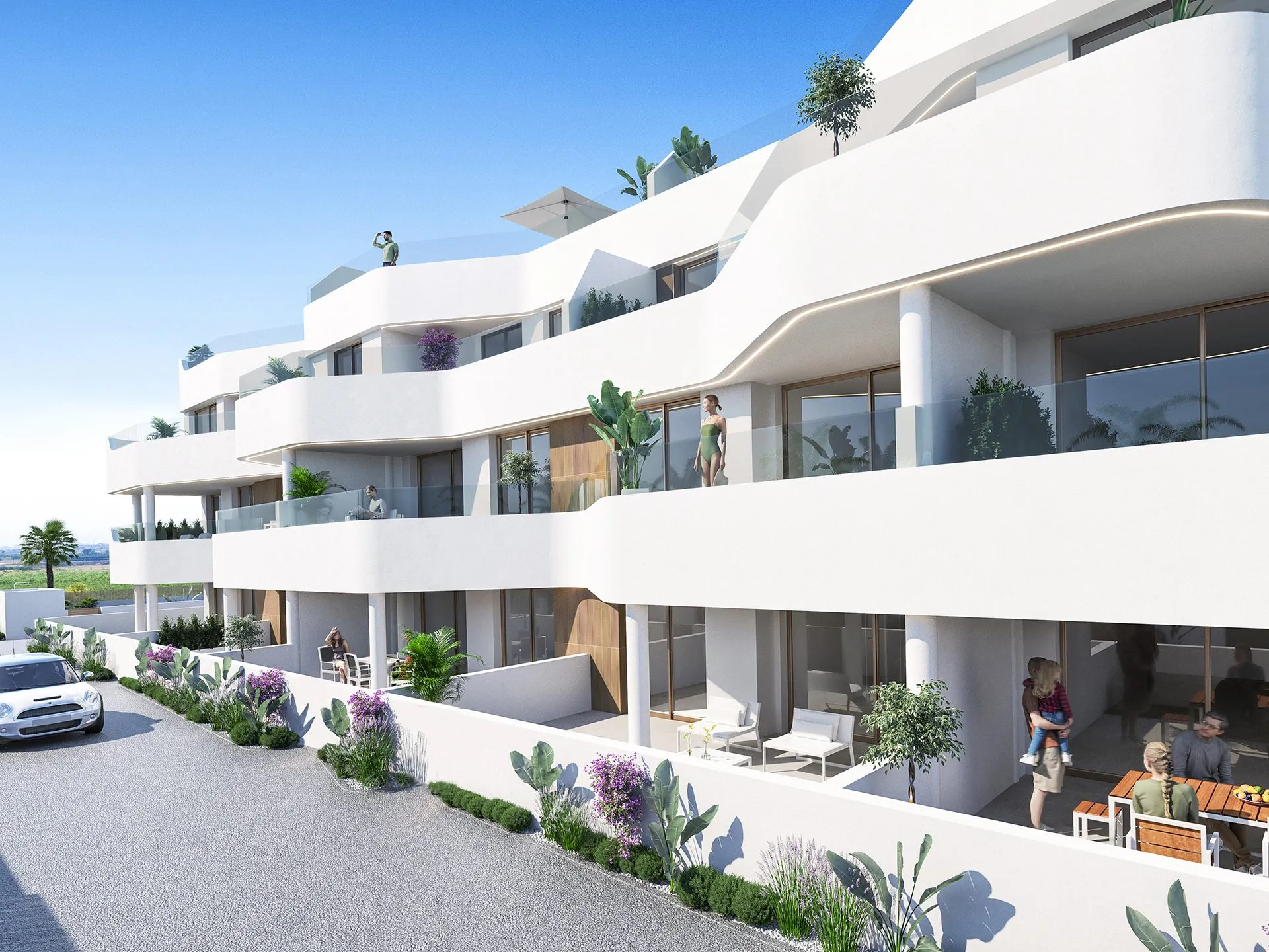 Render of the apartment block from the street, with curved terraces on three floors
