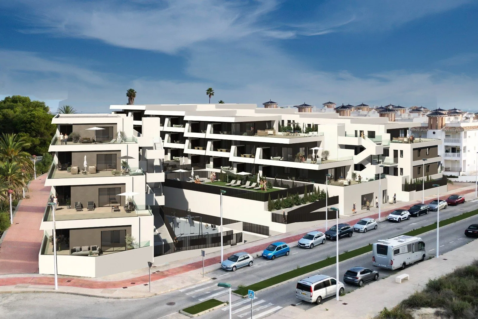 Aerial render of Pinet Beach II along the street, with stepped terraces, planters and cars parked in front