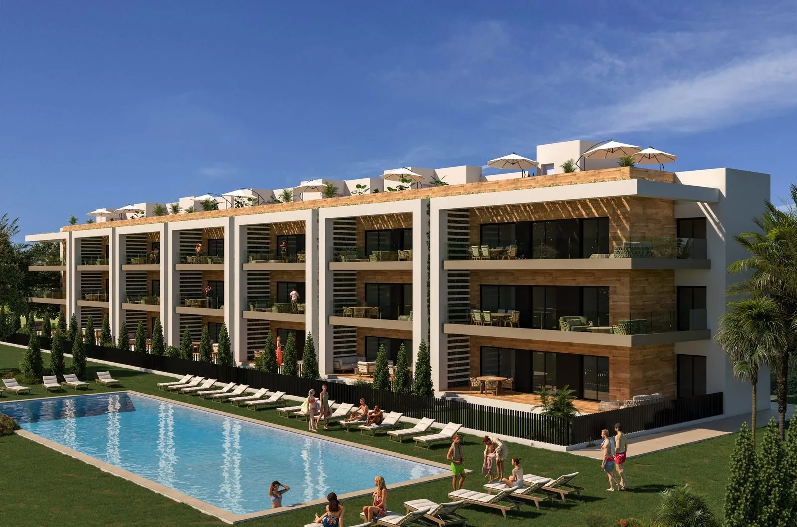 Corner render of a three-storey block with a wood-clad façade, parasols on the rooftop solariums and the rectangular pool with loungers