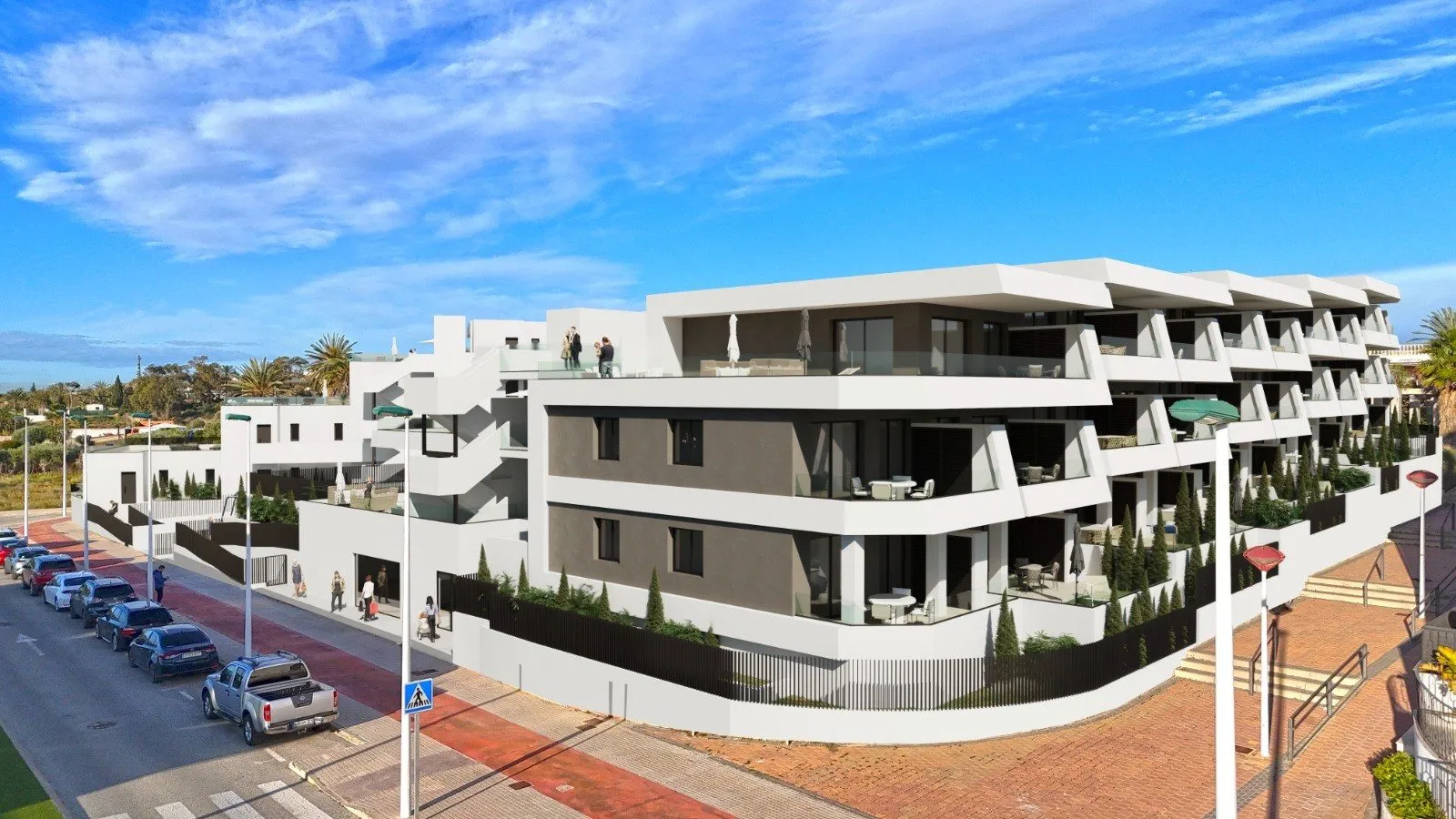 Render of the corner of the Pinet Beach II building, with the ground-floor gardens behind a wall, cypresses and a pedestrian crossing