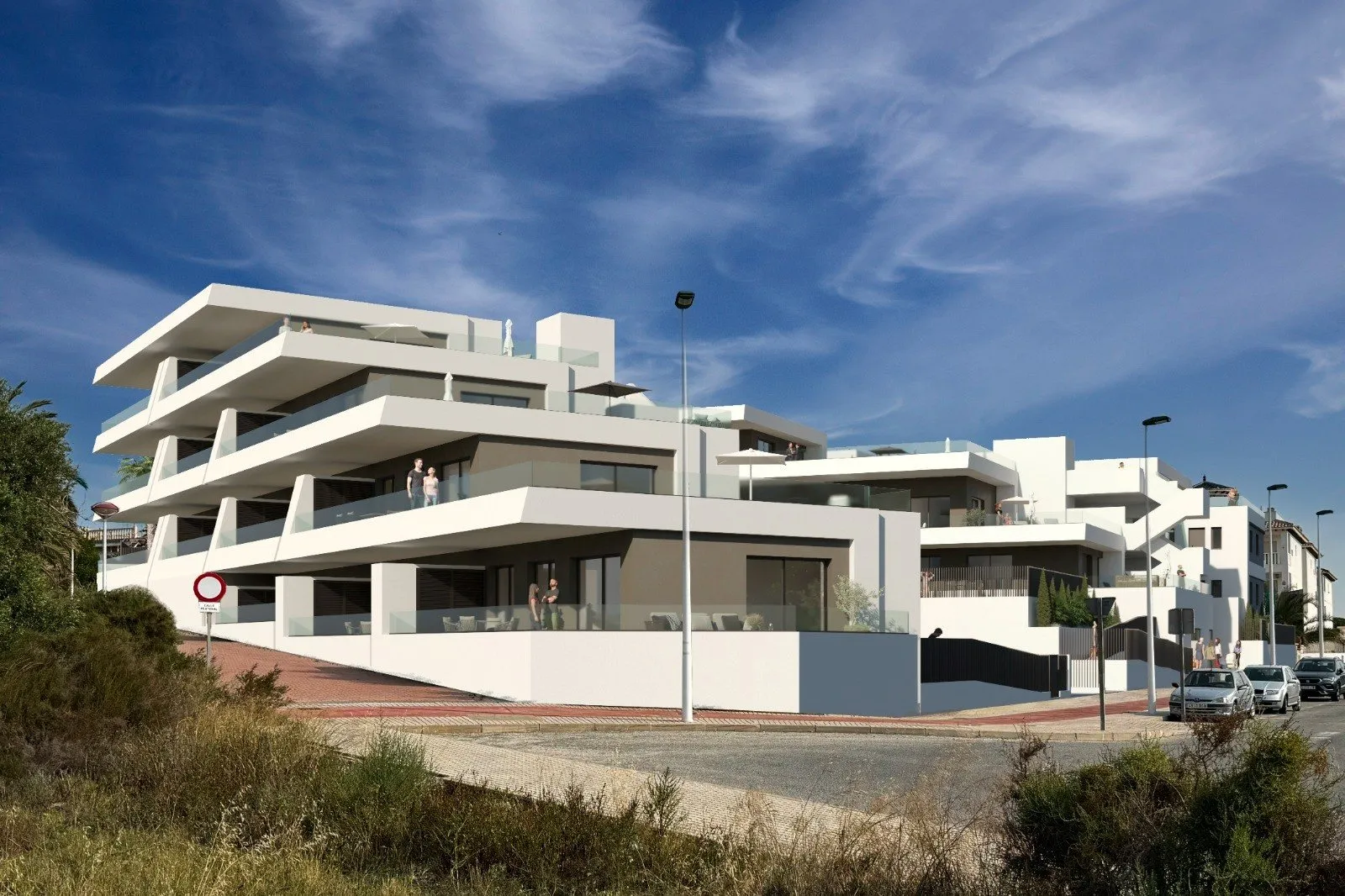 Render of Pinet Beach II with scrubland in the foreground, its three floors of white terraces and glass balustrades