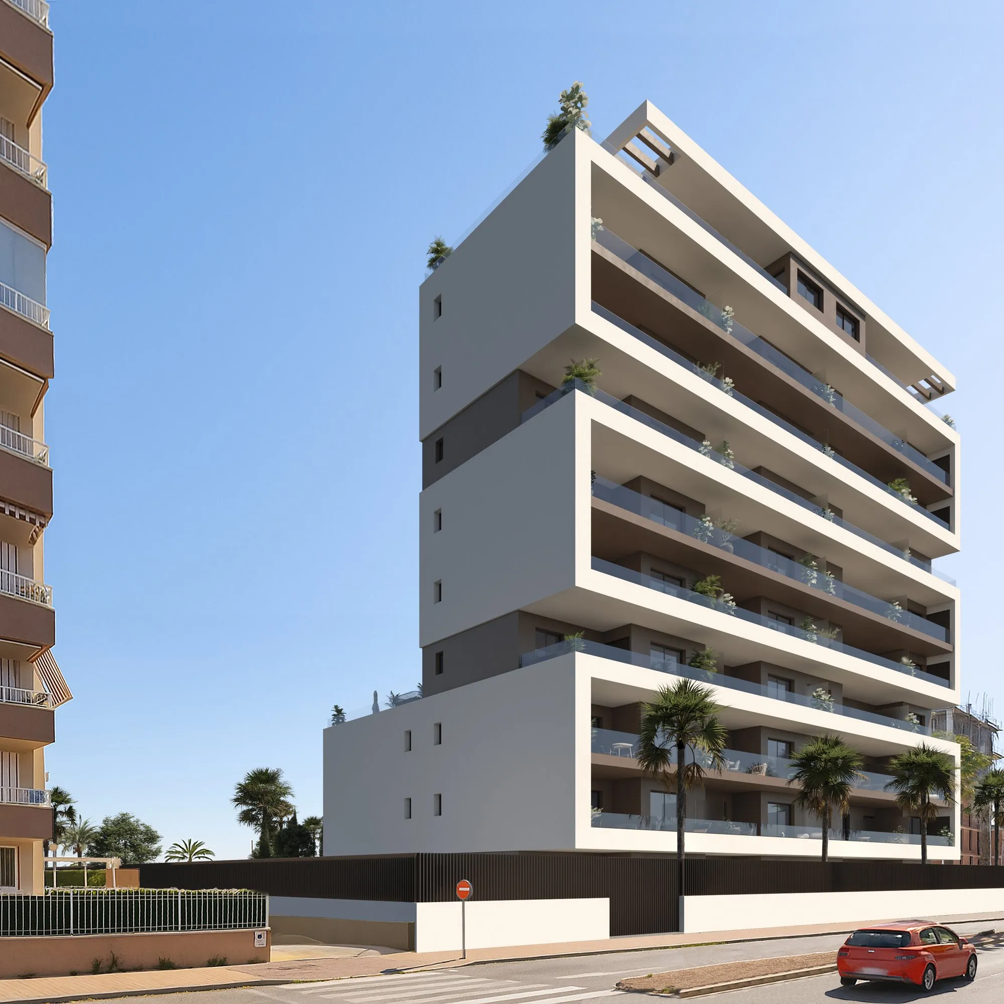Render of the Guardamar Rio building from the street, with glass-fronted terraces on every floor and palm trees at ground level