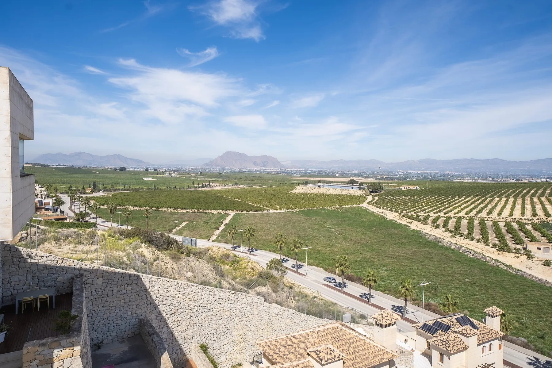 View from an Arena Golf villa over the Vega Baja: fields and orchards, a palm-lined road and mountains on the horizon