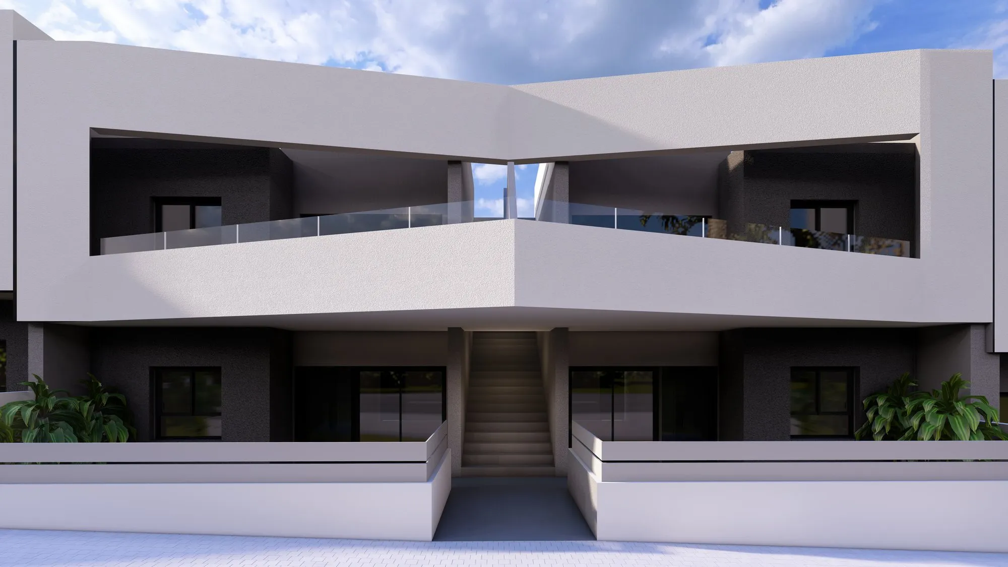 Render of a block’s façade, with the ground-floor porches, the central staircase and the top-floor terraces