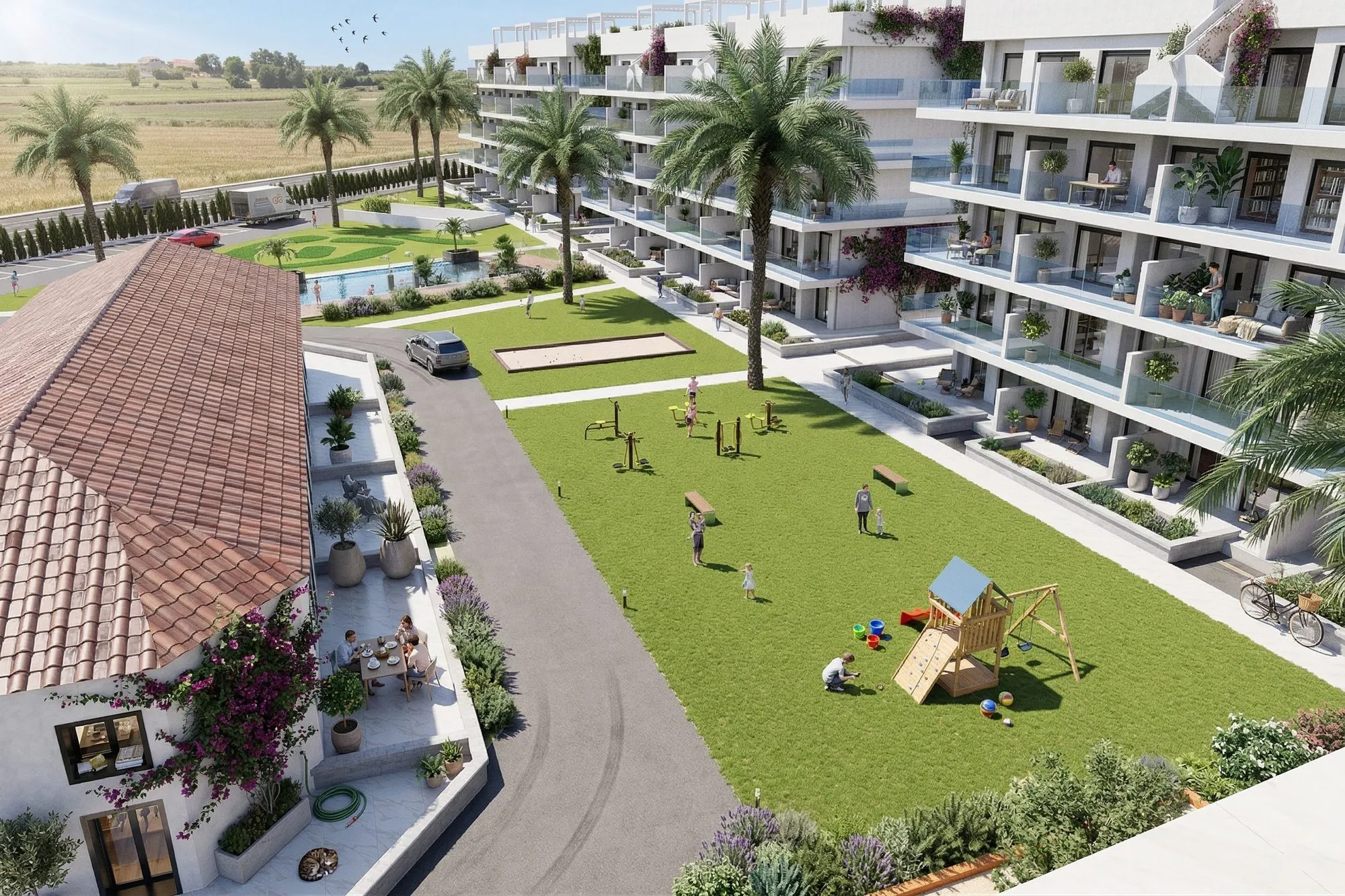 Render of the communal gardens with a children’s playground, outdoor fitness equipment and a pétanque court, beside the apartment terraces