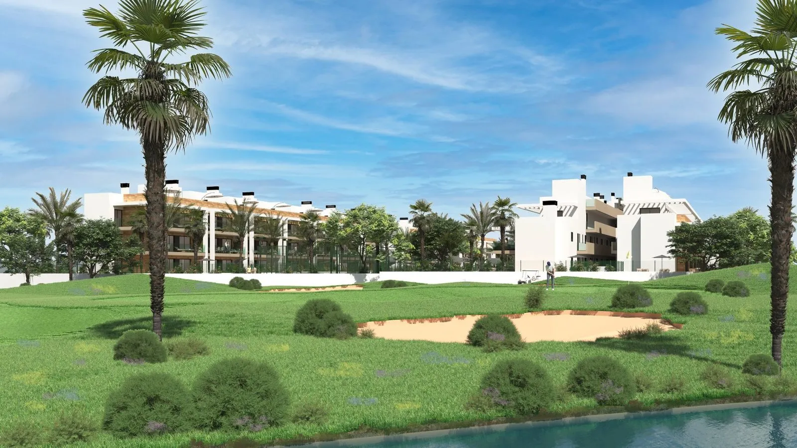 Render of the golf course with a sand bunker and a pond, and the white Velapi Golf blocks in the background