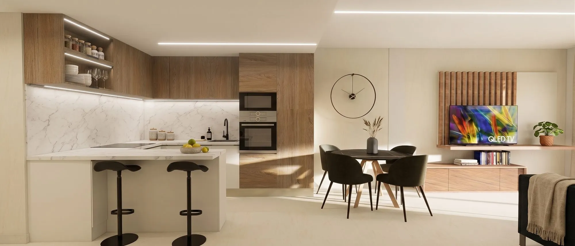 Render of the open-plan kitchen with a breakfast bar and quartz worktop, the dining table and the living area with a TV