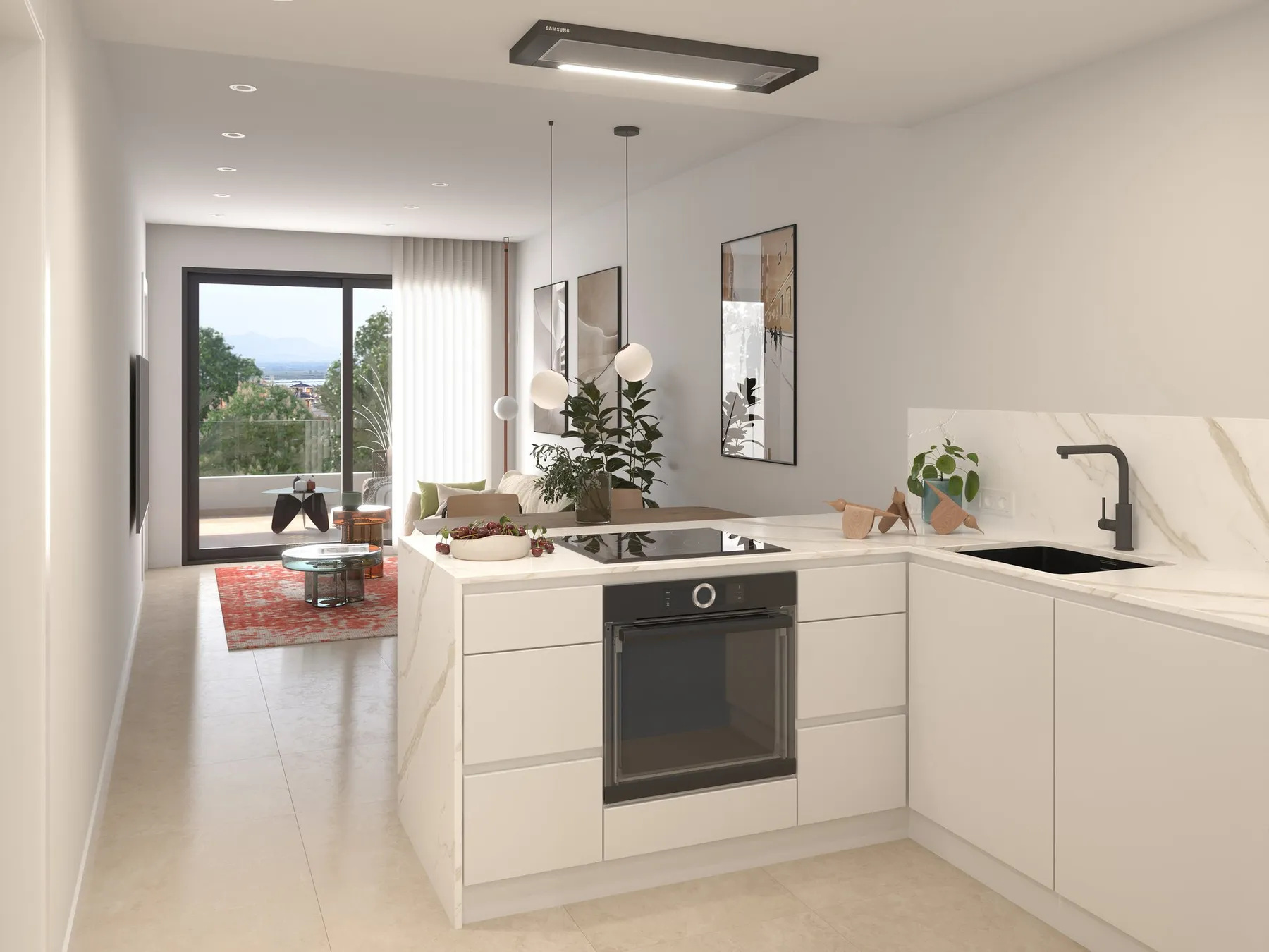 Render of the white L-shaped kitchen with an oven, hob and undermount sink, open to the living room and the terrace