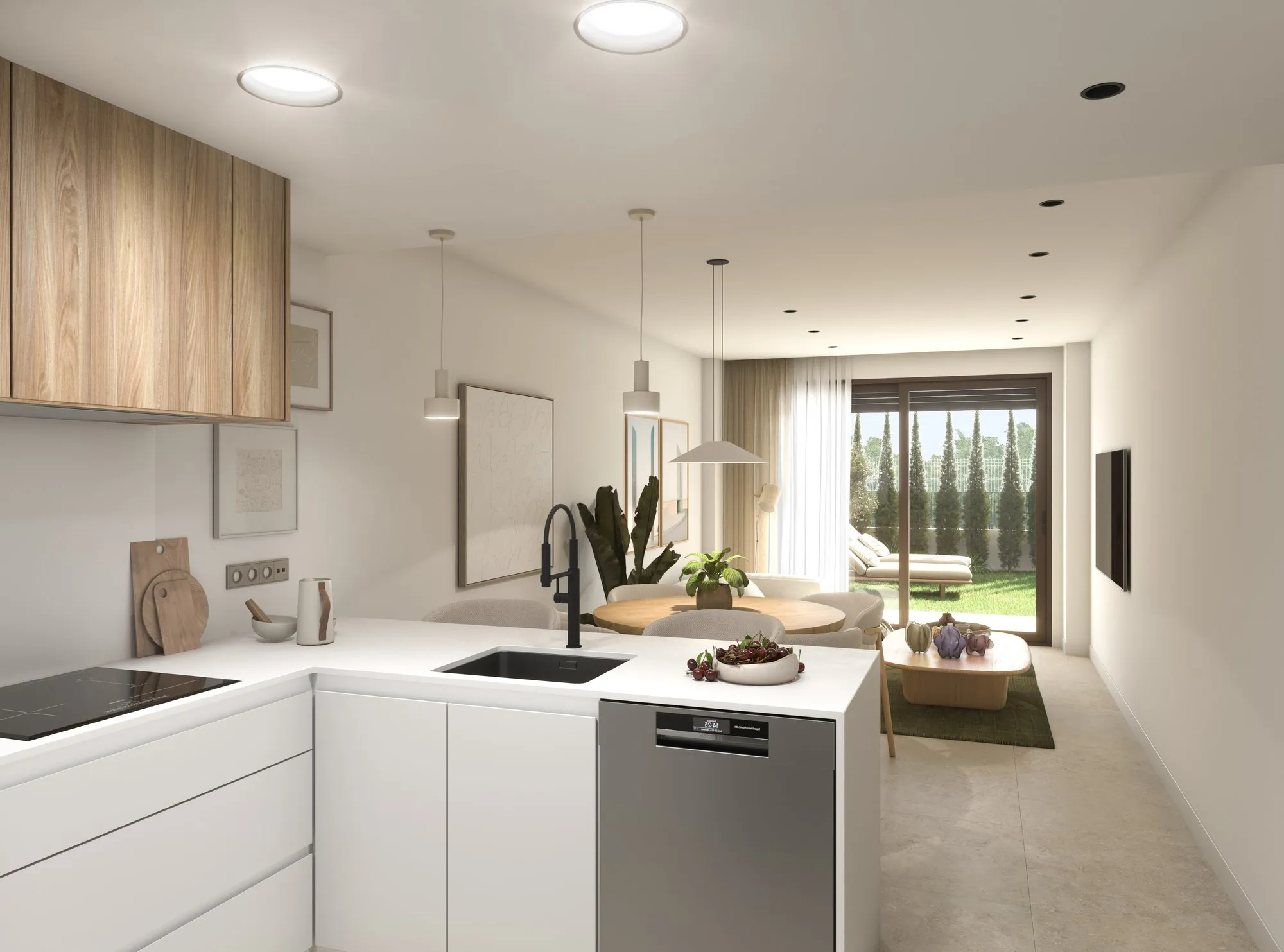 Render of the L-shaped kitchen with white units and wooden wall cabinets, open to the living room and the terrace