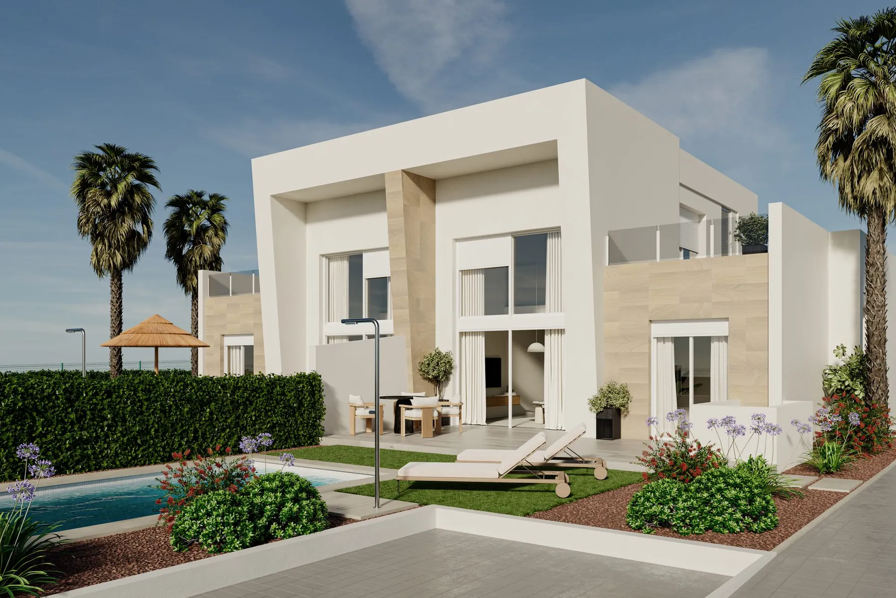 Render of a LEROS Plus semi-detached house: a two-storey white and stone façade, a private pool, a lawn with sun loungers and palm trees