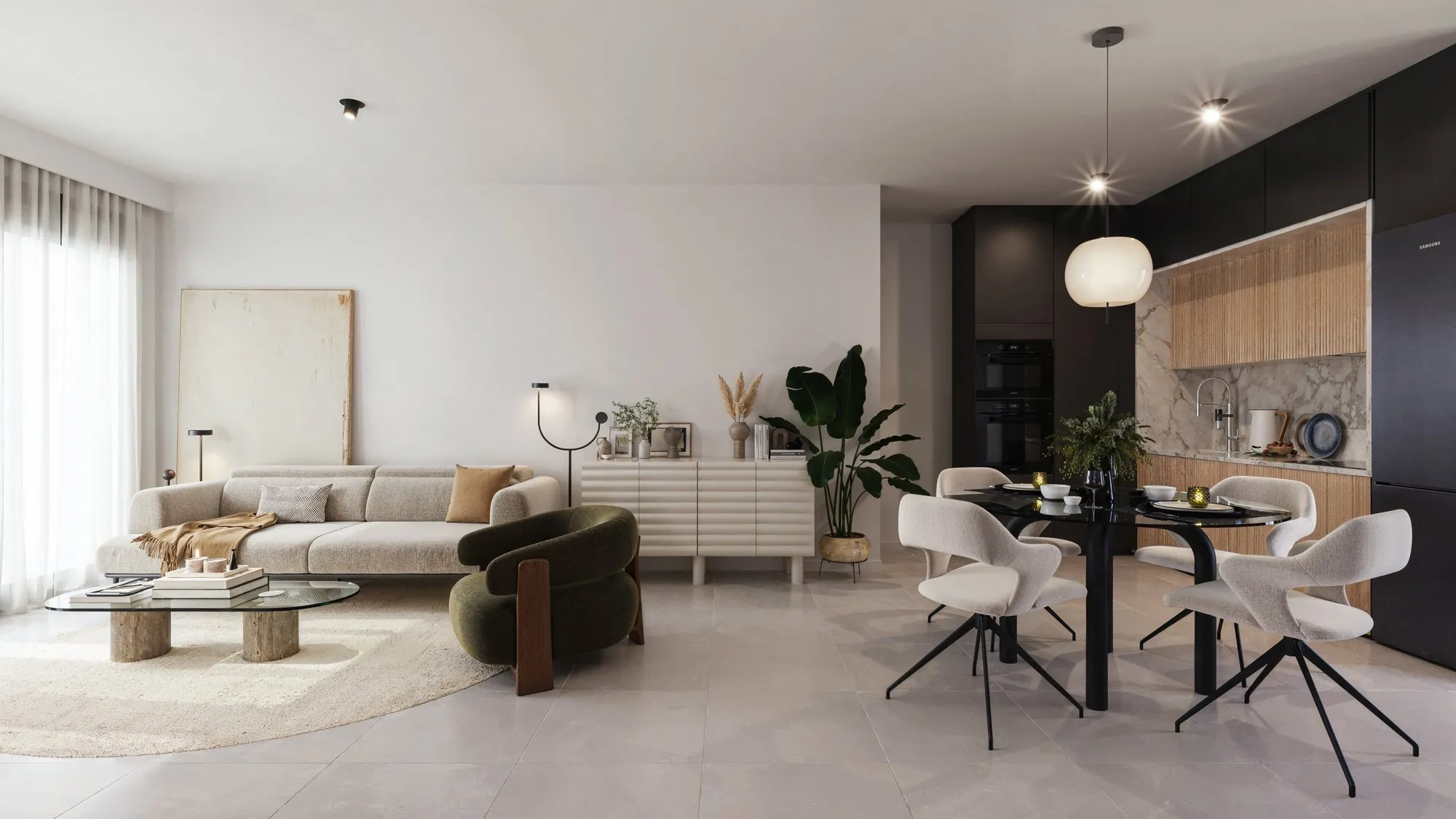 Render of the living and dining room with an open-plan kitchen
