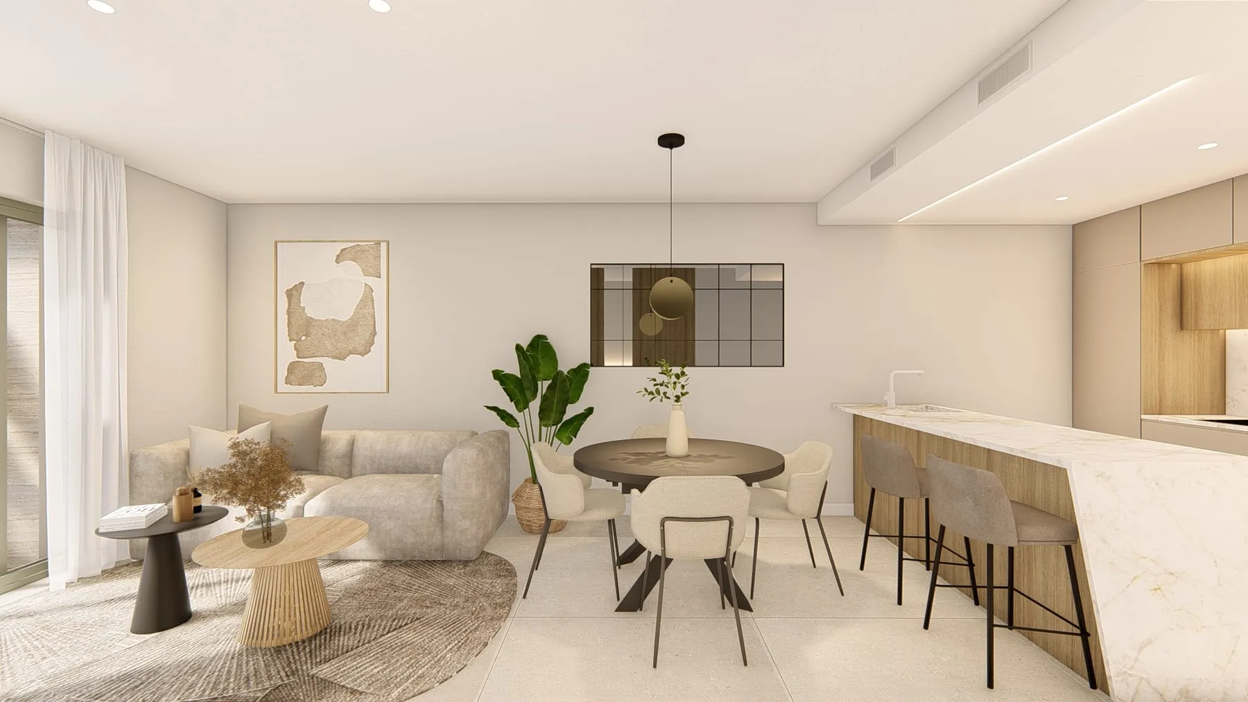 Render del salón con cocina abierta