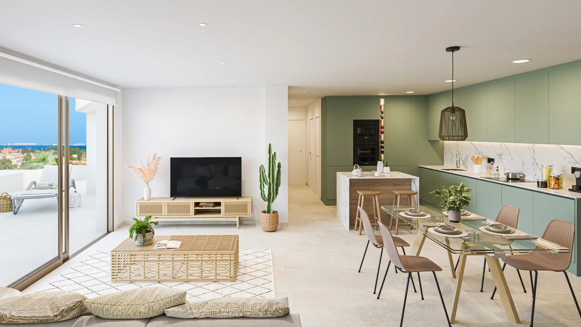 Render of an apartment’s living and dining room with open-plan kitchen