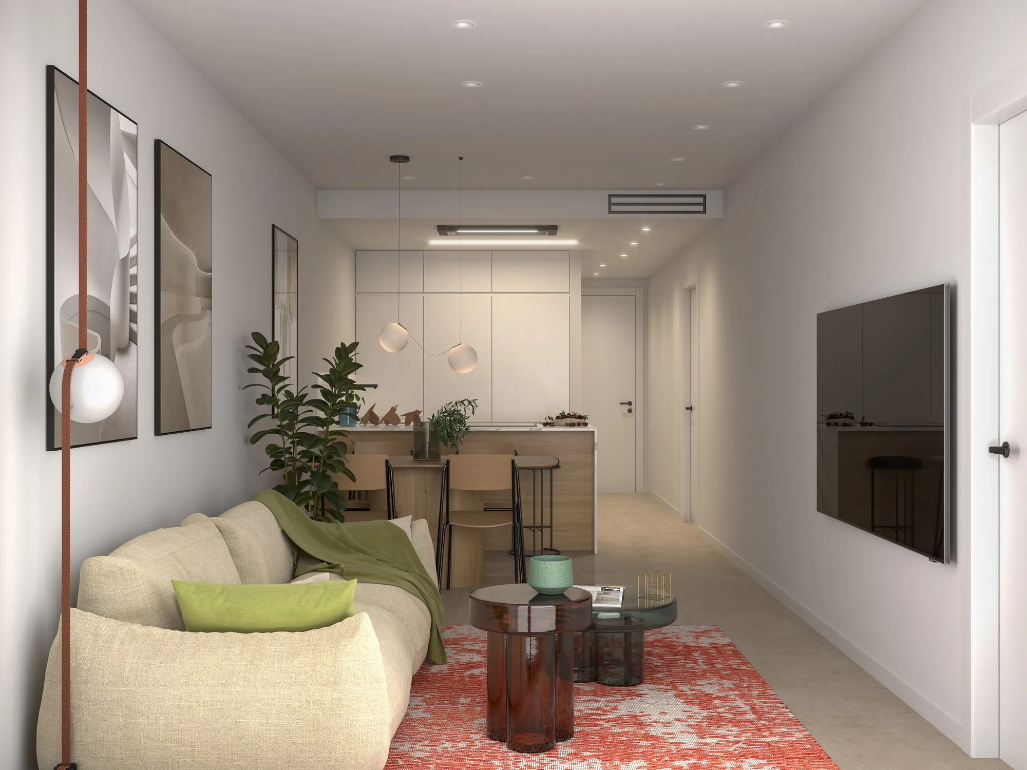 Render of the furnished living room with a sofa, a red rug and a TV, and the kitchen behind