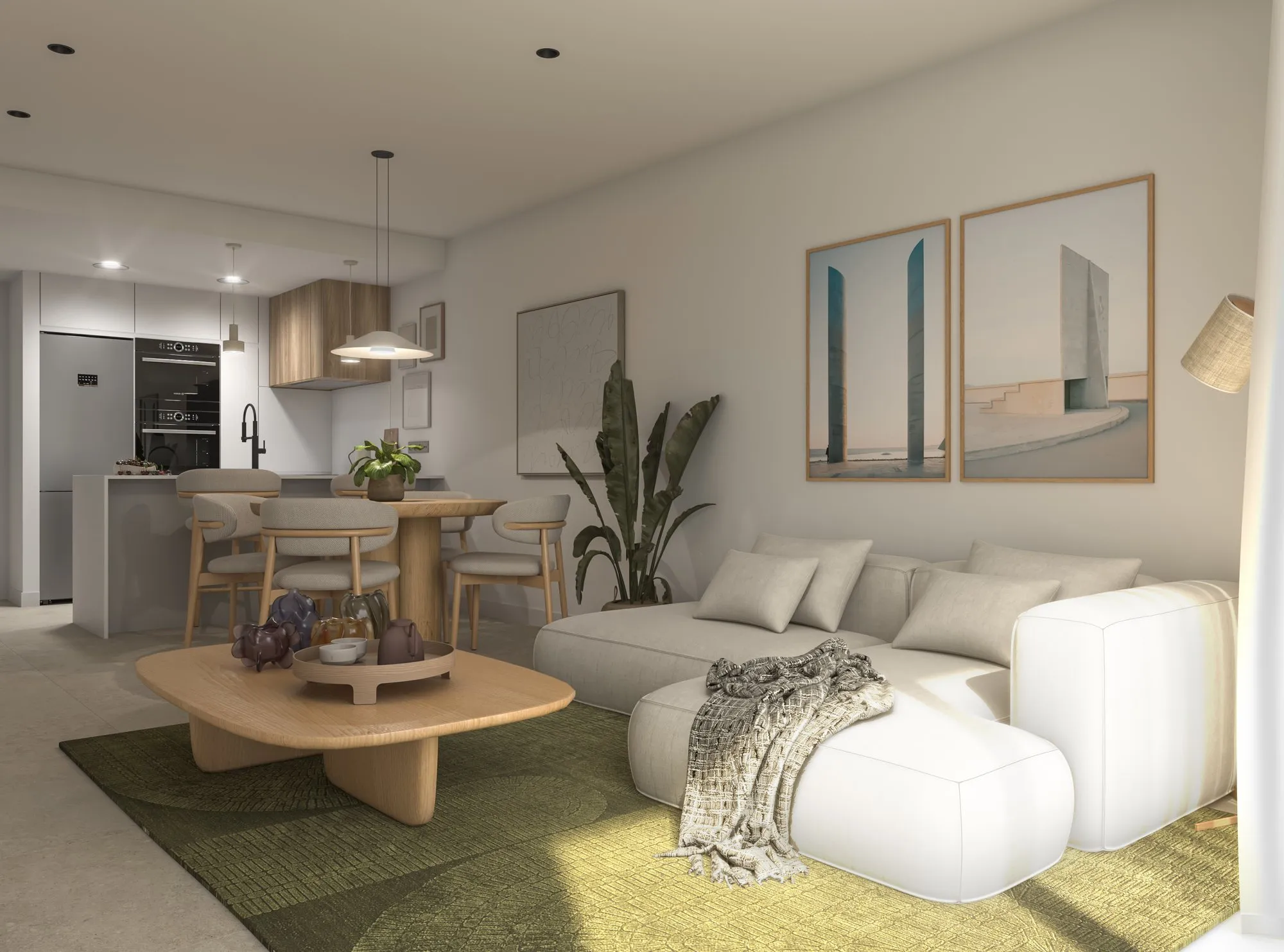 Render of the living room with a white sofa, a round dining table and the open kitchen behind