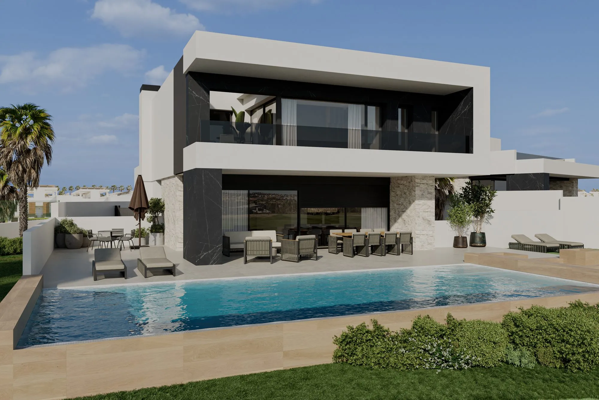 Render of the Mustique villa: a white two-storey house with a grey cantilevered upper floor, an outdoor dining terrace and an infinity pool