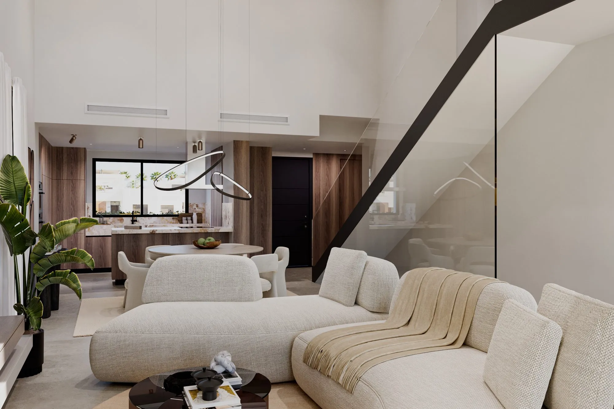 Render of the Mustique living room: curved white sofas, a staircase with a glass balustrade and the kitchen behind