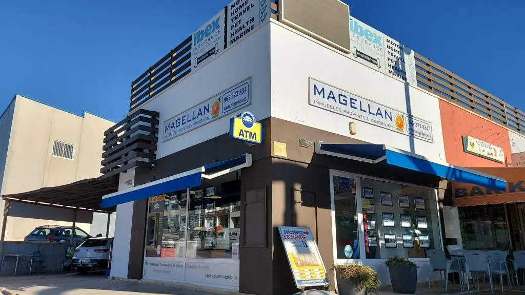 The Magellan office with its blue awnings in the La Fuente commercial centre, Orihuela Costa