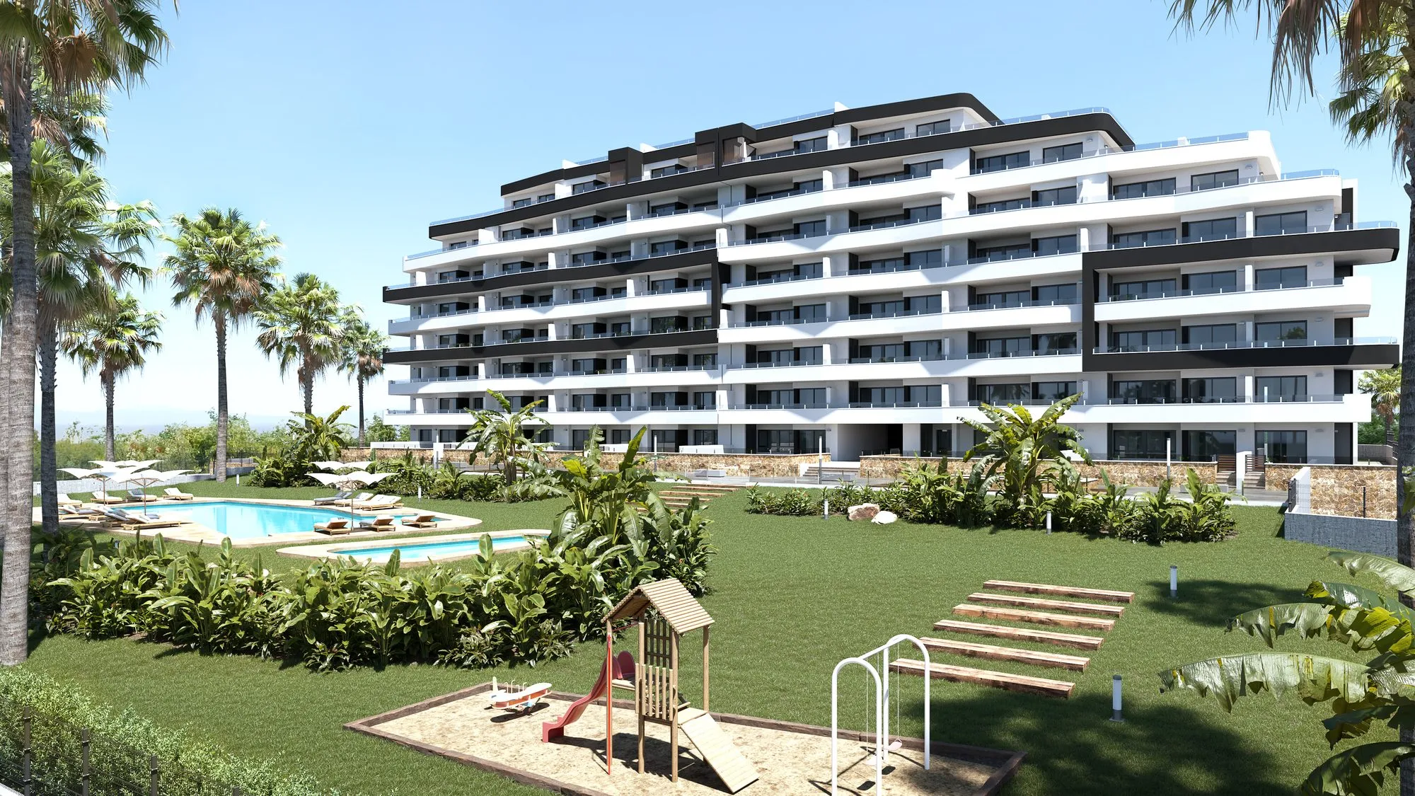 Render of the Duly San Miguel playground in the garden, with a slide and swing, and the pool and building behind