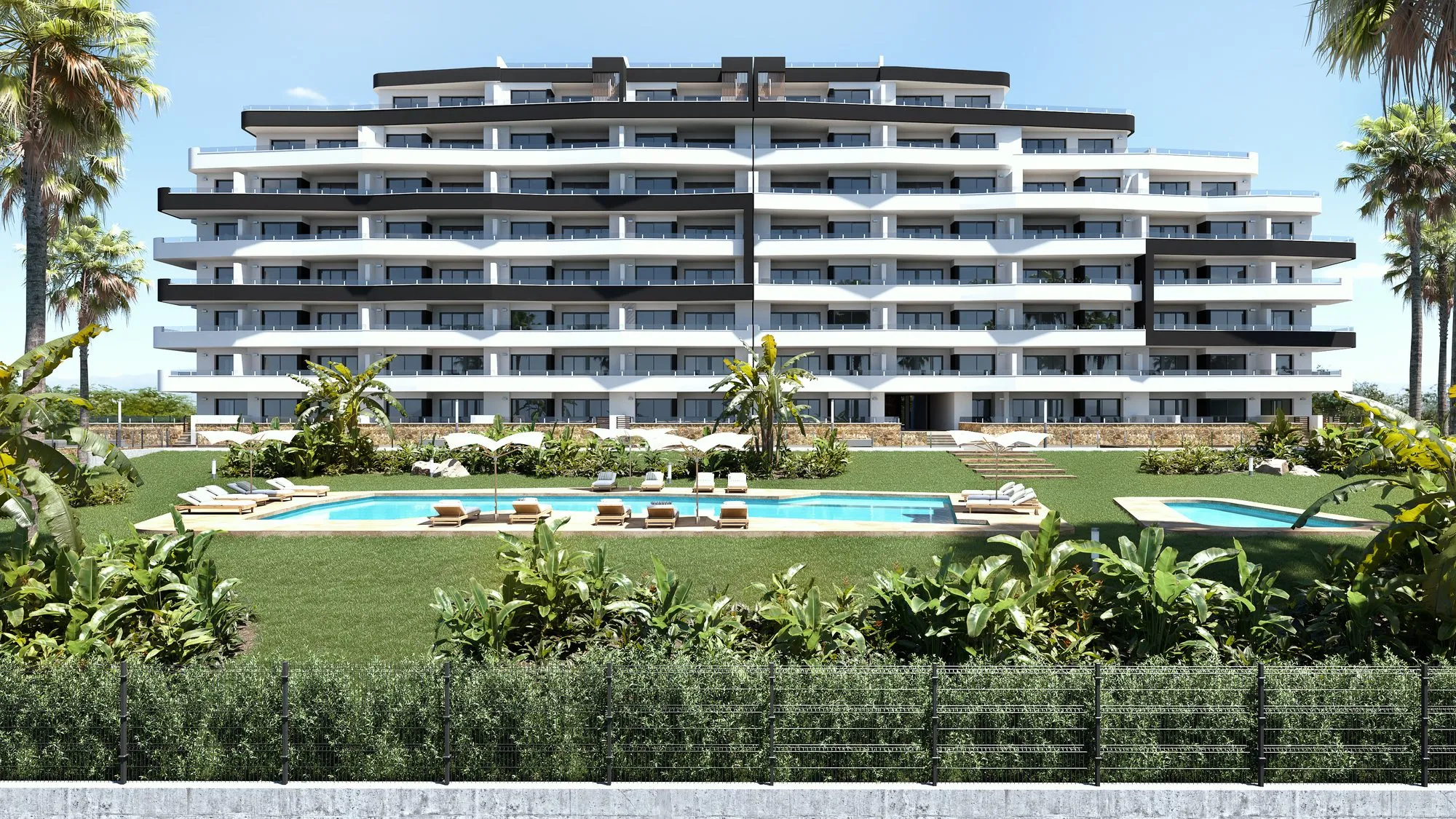 Render of the garden façade of Duly San Miguel, with stepped terraces, the communal pool and the children’s pool