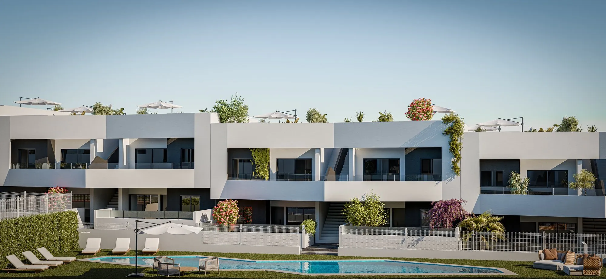 Render of the communal area with the pool and, behind it, the terraces and rooftop solariums with parasols