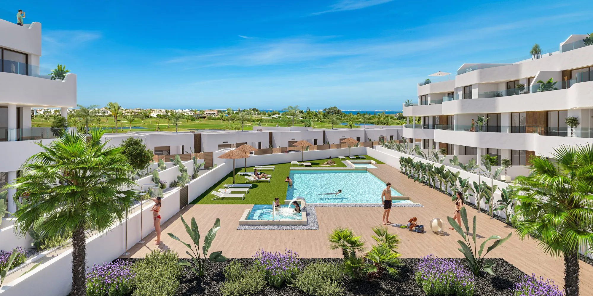 Render of Serena Breeze III: the communal pool between the blocks, with the golf course and the Mar Menor behind