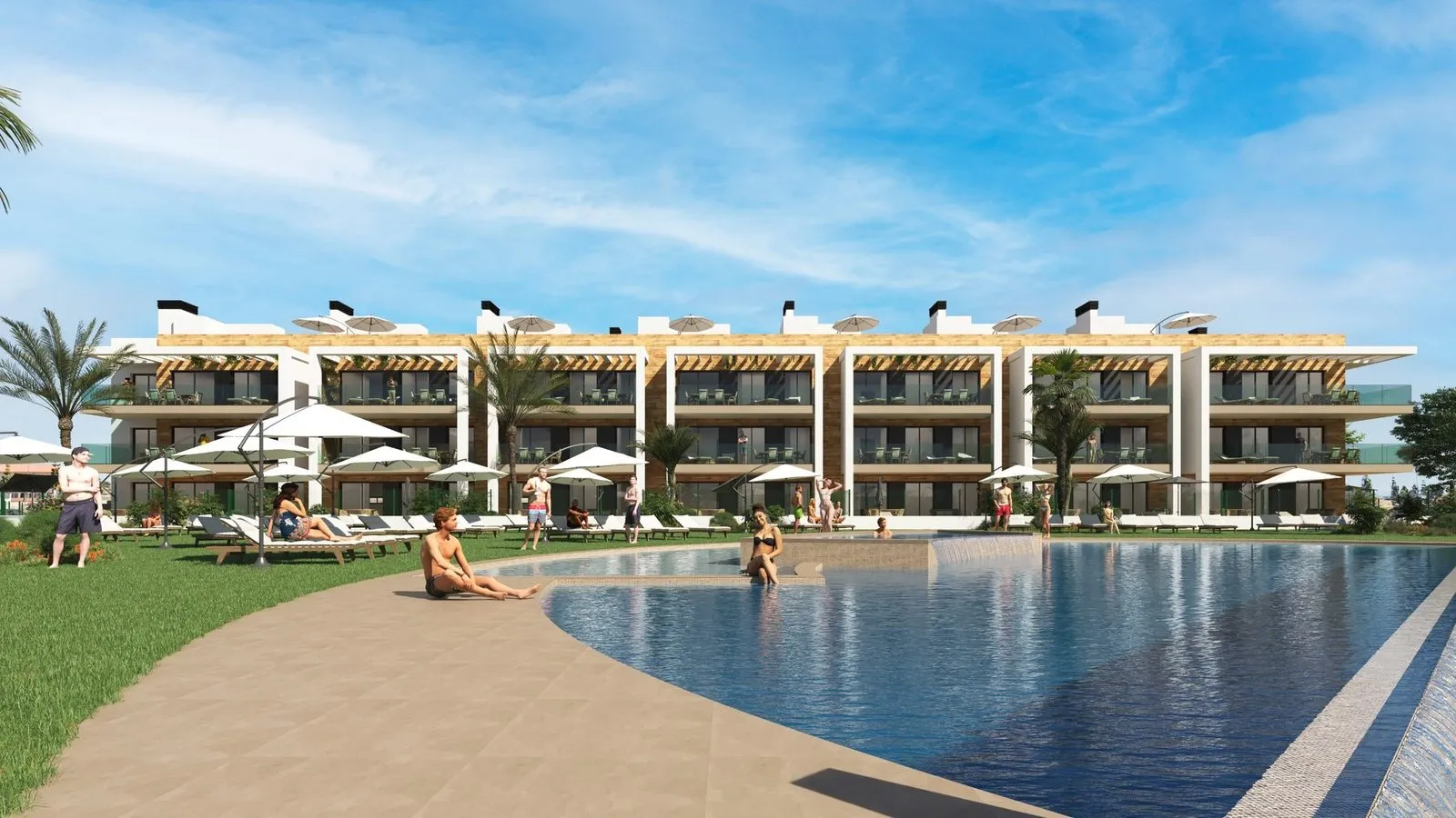 Render of the curved communal pool with a sandy edge, lawn and sun loungers, and a three-storey block with rooftop solariums behind