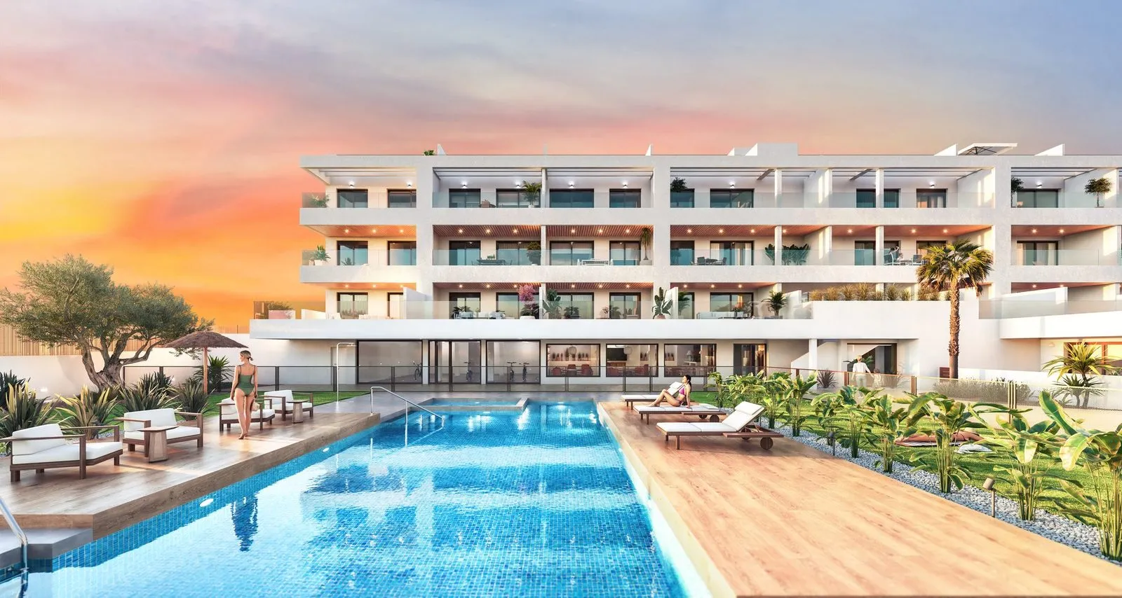Render of the communal pool at sunset, with a timber deck and loungers, and the white apartment building with its terraces behind