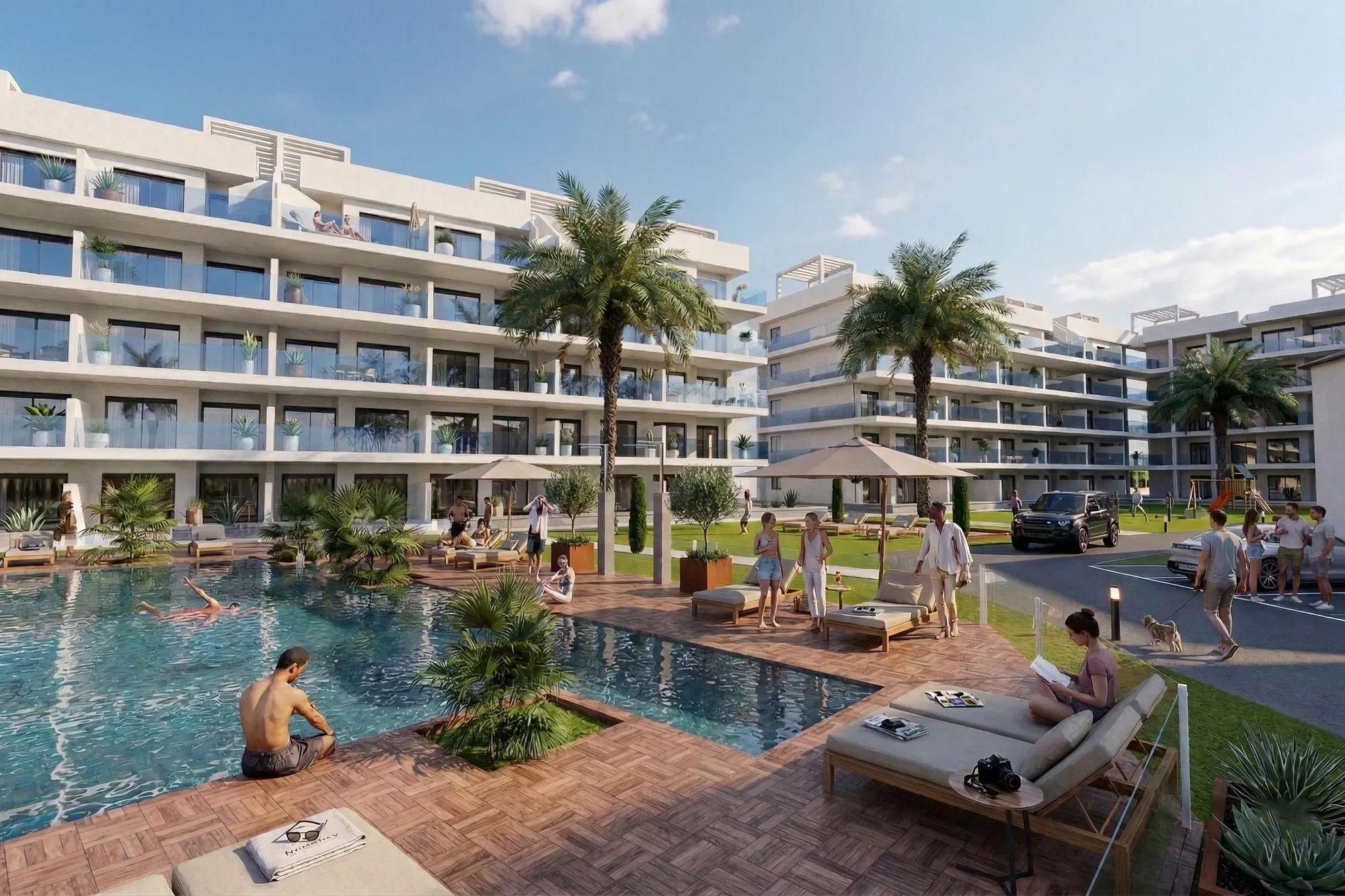 Render of the Oasis Garden communal pool with sun loungers, parasols and palm trees, and the apartment blocks behind