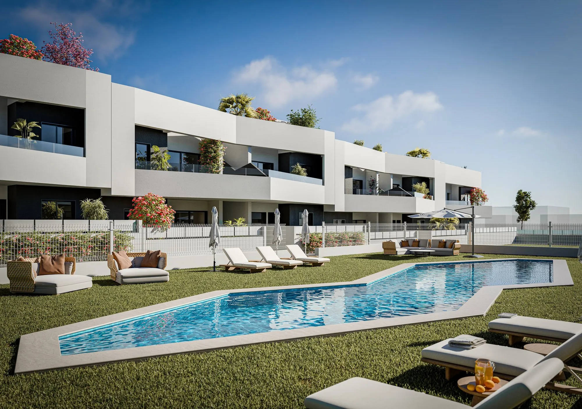 Render of the communal pool at Horizon II with lawns, sun loungers and the bungalows behind