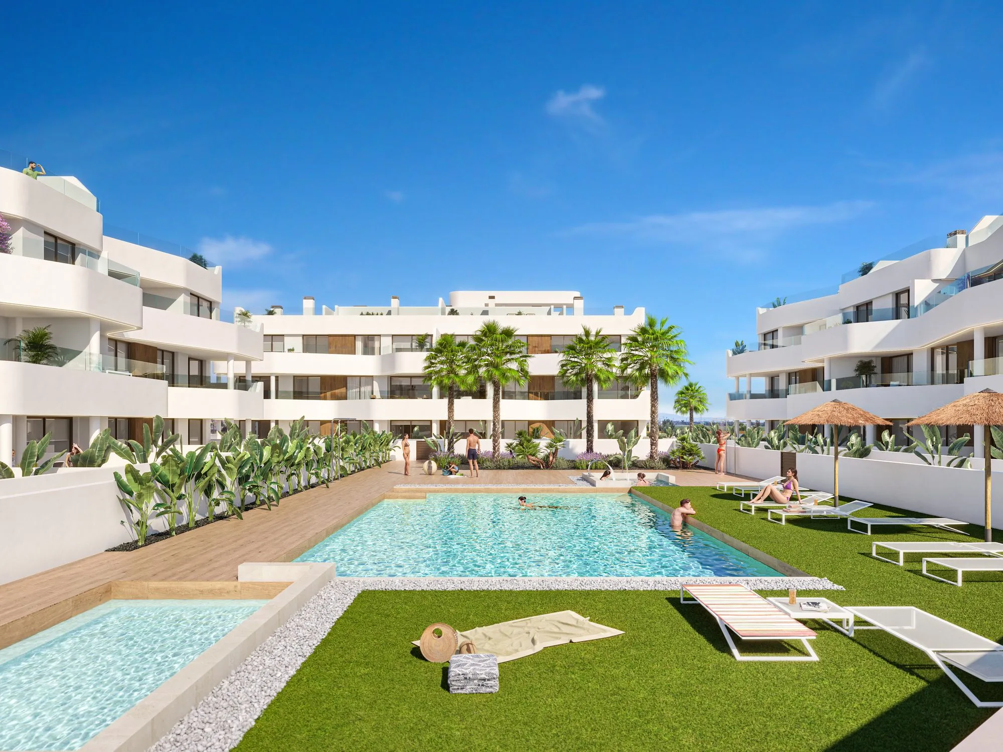 Render of the communal pool with a children’s pool, lawn and sun loungers, surrounded by the apartment blocks