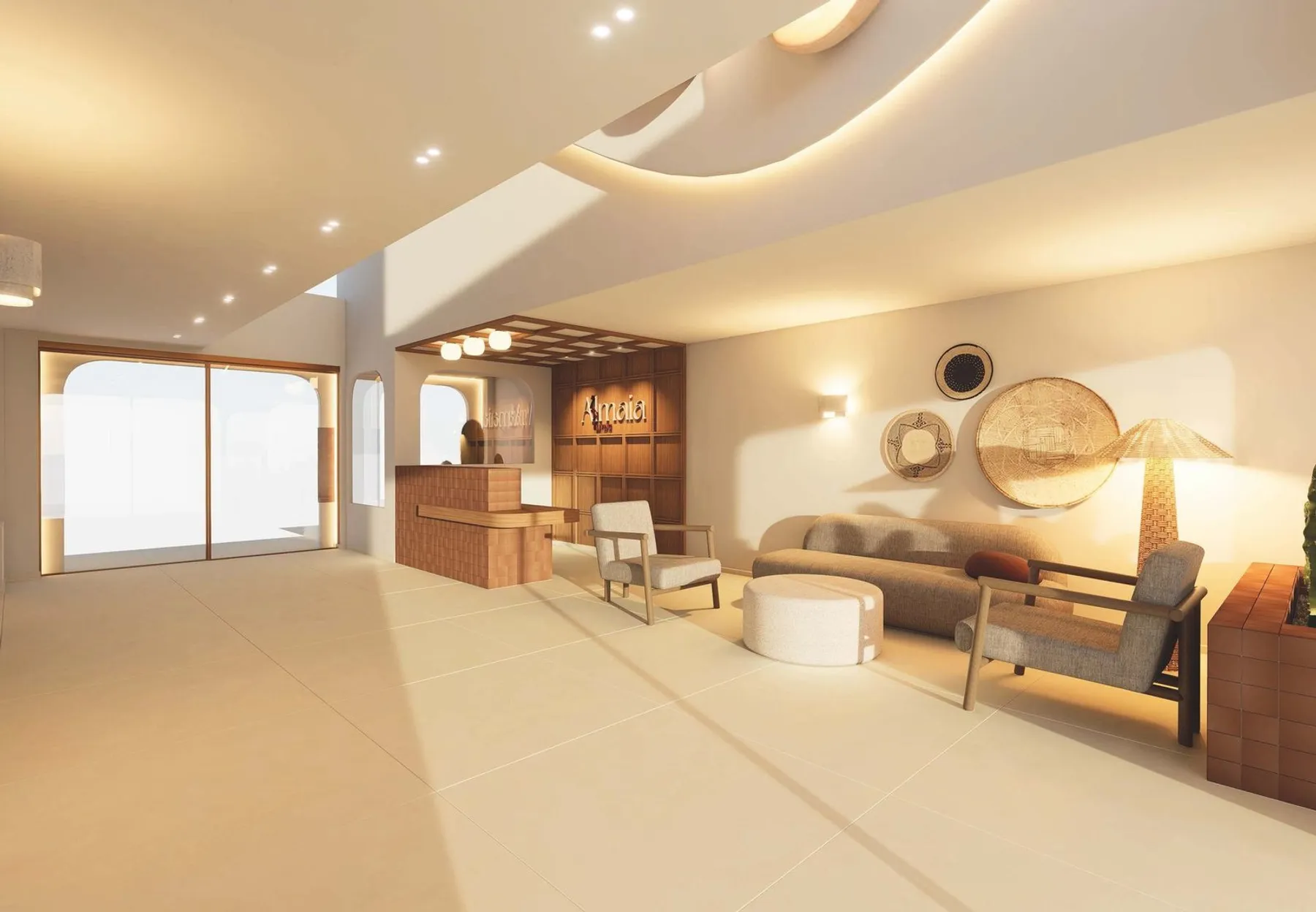 Render of the reception, with the timber desk, sofas and armchairs, floor lamps and a curved lit ceiling