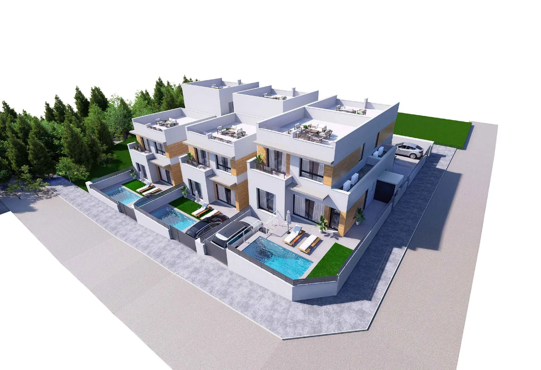 Aerial render of Doña Patro IX on a street corner, white two-storey semi-detached houses with private pools, parking spaces and rooftop solariums