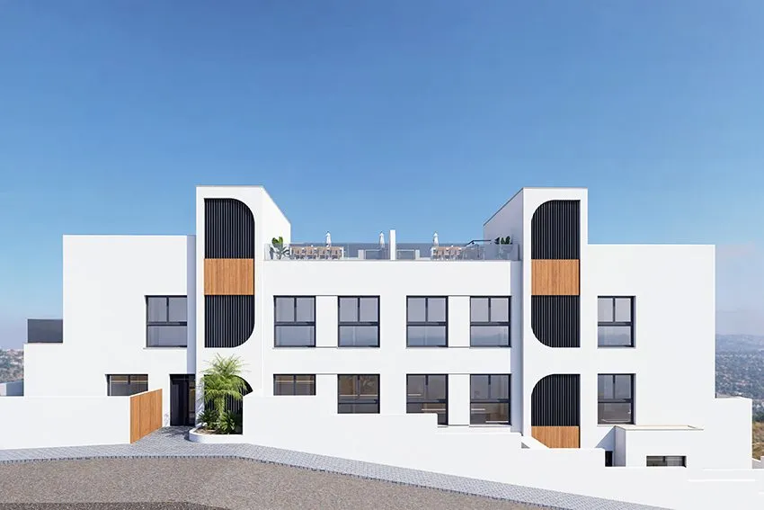 Render of the street façade of Benisol III, white walls with square windows, two stair towers with dark slats and wood panels, and the roof terrace on top