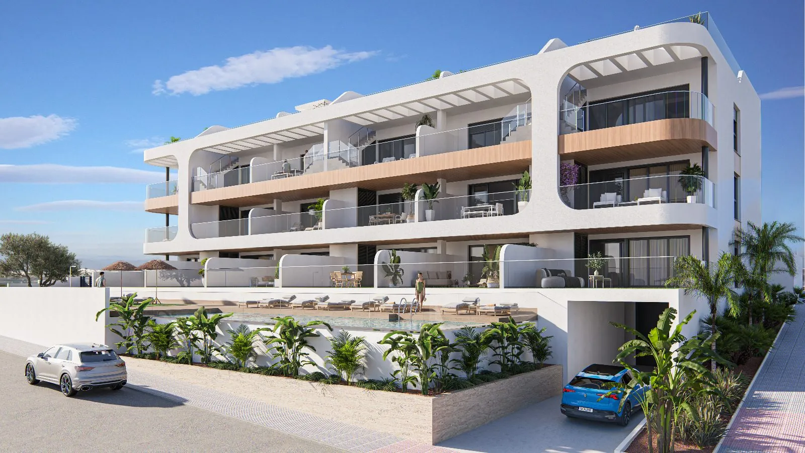 Render of Benisol II from the street, a white three-storey building with curved balconies and wood-effect details, gardens in front and the garage ramp