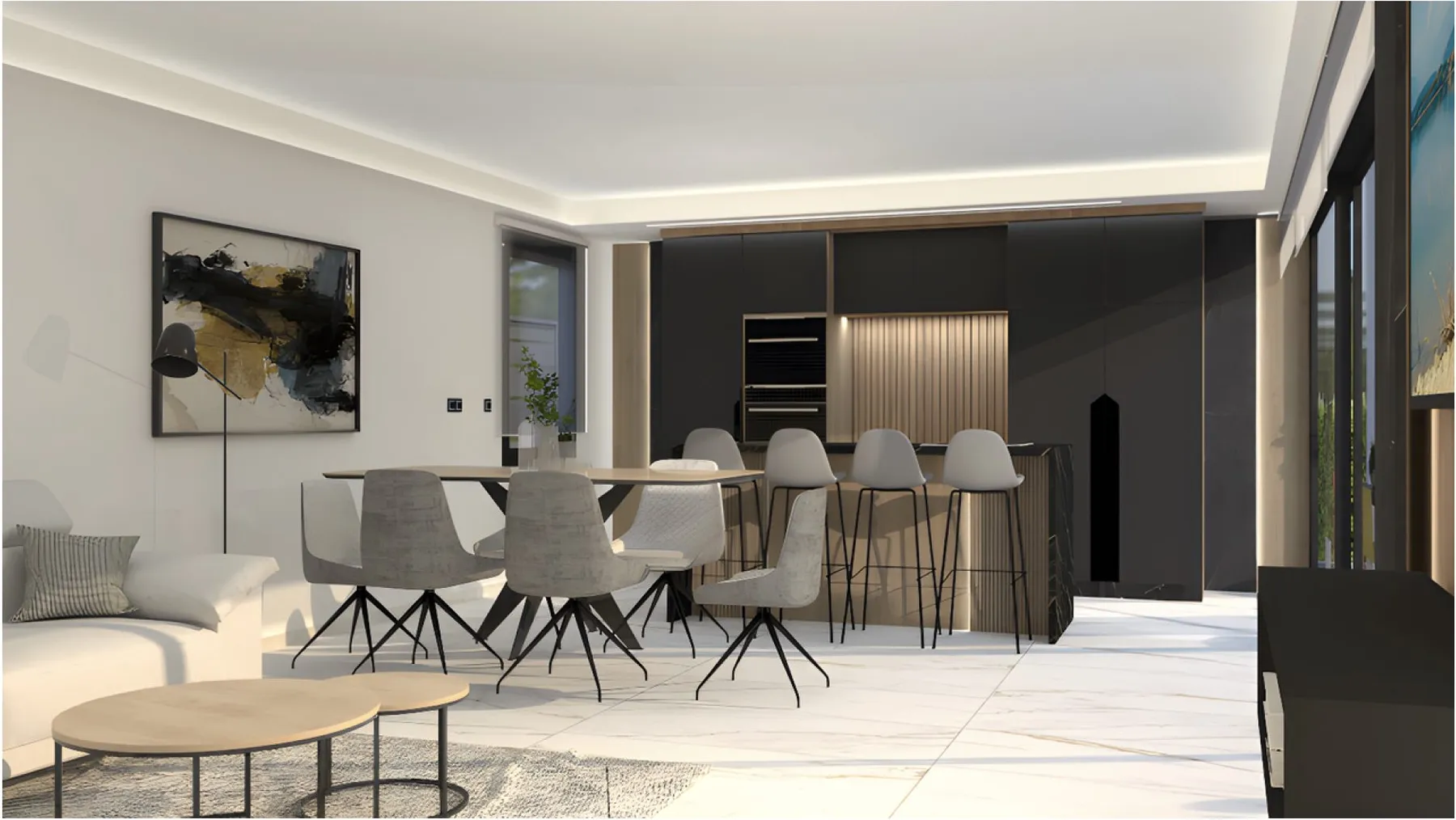Render of the new Oasis Villas 2 living and dining area: a table with grey chairs, a white sofa and a black kitchen with a breakfast bar and stools