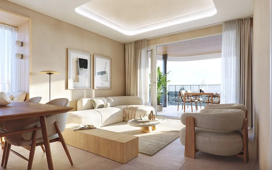 Render of a living room with a cream sofa, wooden furniture and a lit ceiling recess, opening onto a covered terrace with a dining table