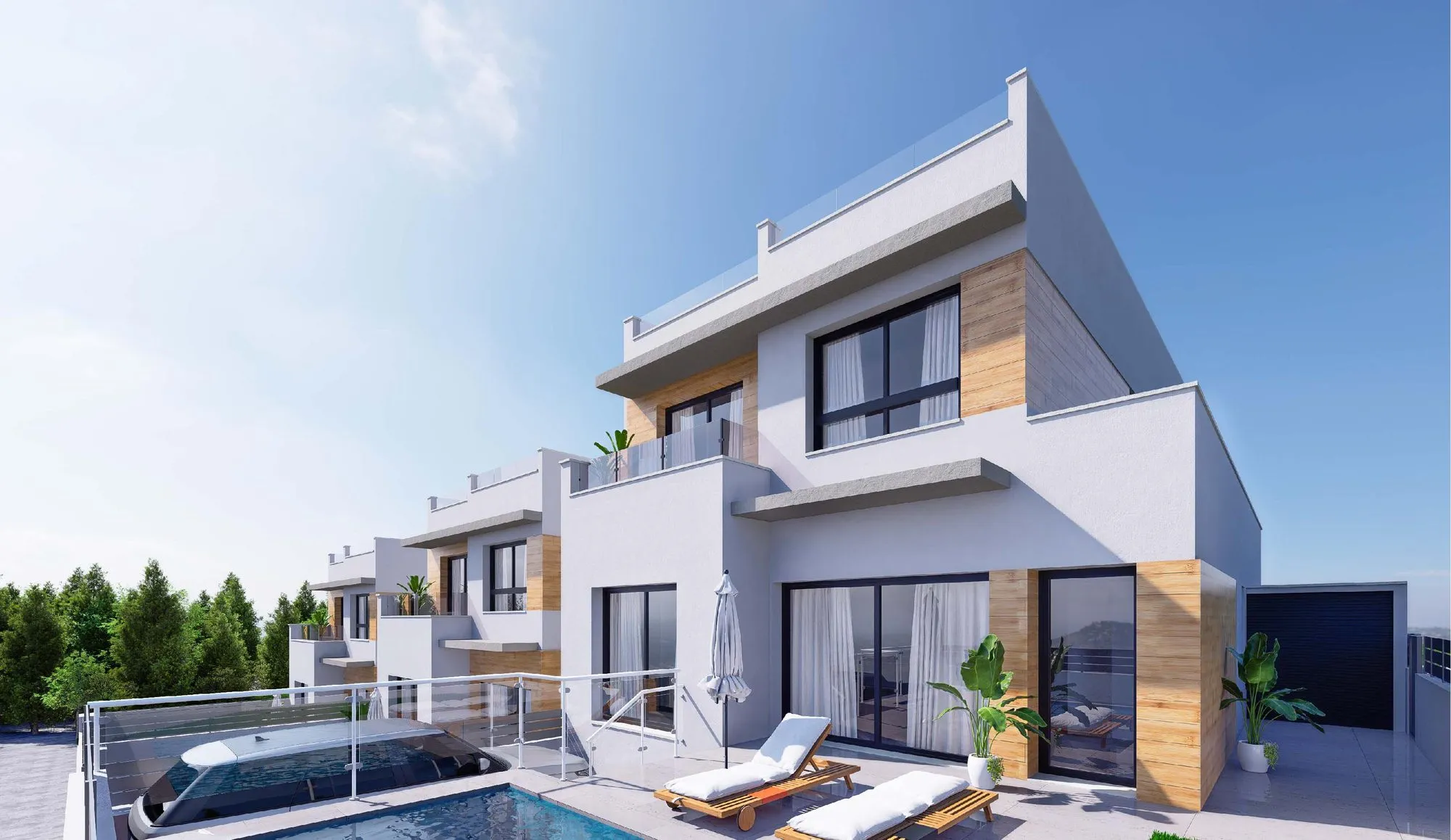 Render of a Doña Patro IX house with a private pool, sun loungers and a terrace in front of the living room, and the parking space beside the pool